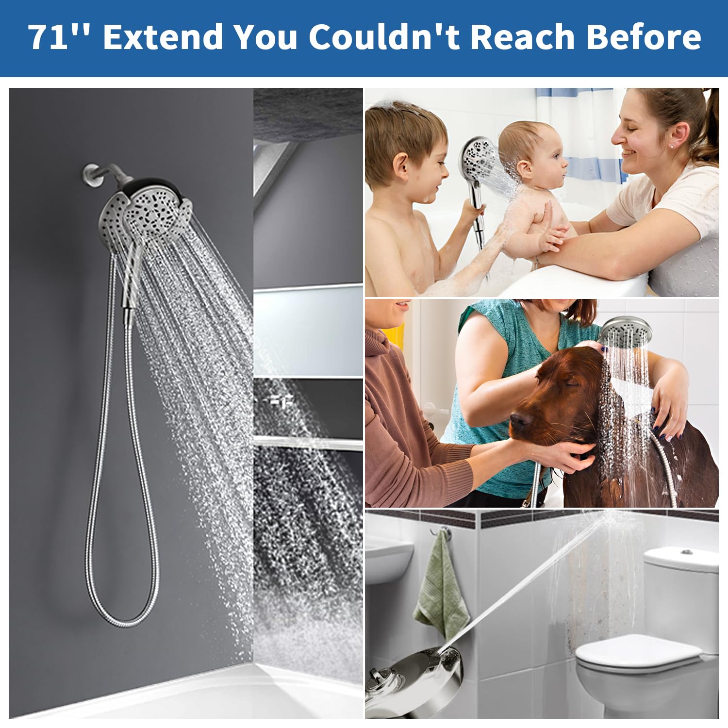 GRICH Manguera de ducha extralarga: cable de 71 pulgadas de alta densidad antifugas, cabezal de ducha de acero inoxidable, repuesto de manguera de baño ultra flexible y duradera, parte de manguera de