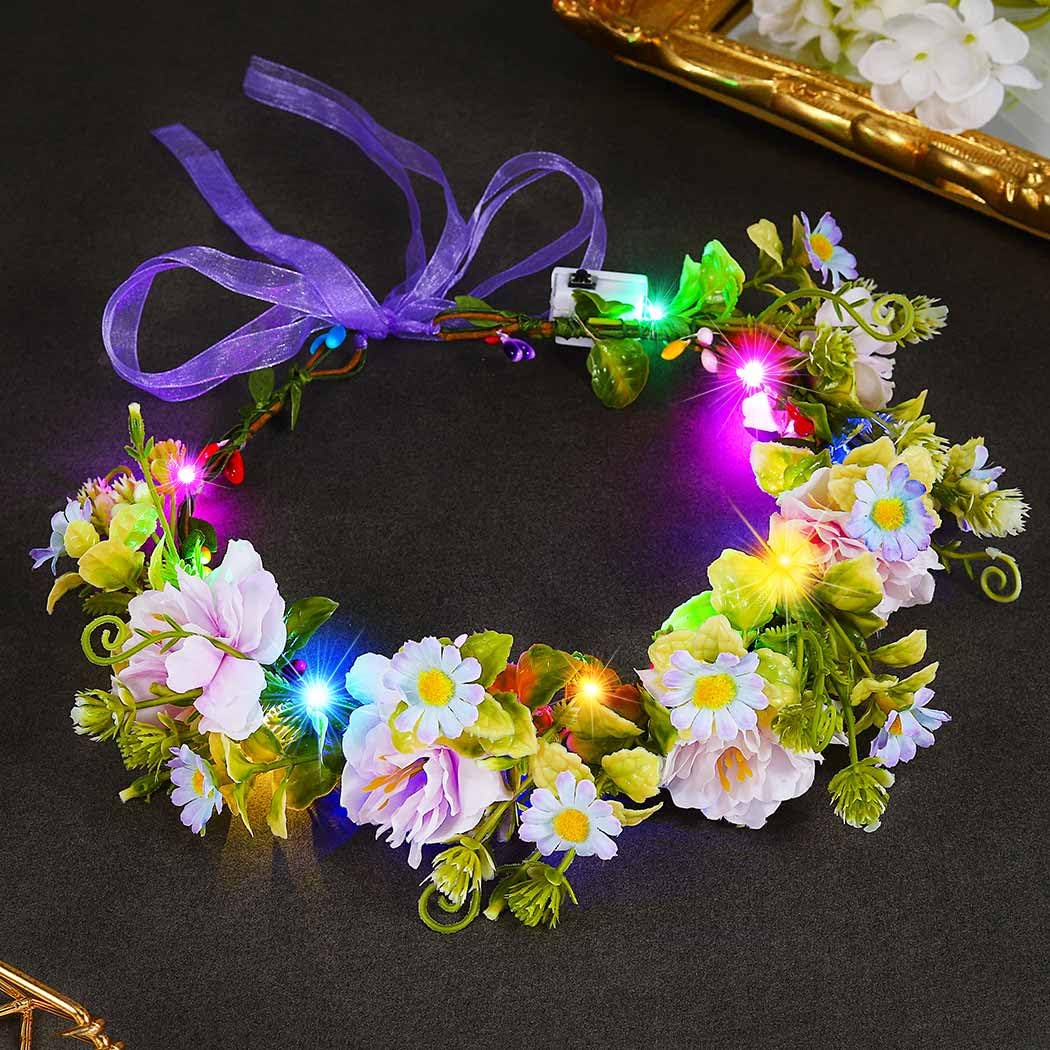 Atigy Light Up Flower Headbands LED Wreath Head Garland Floral Festival Hair Accessories for Women, Purple