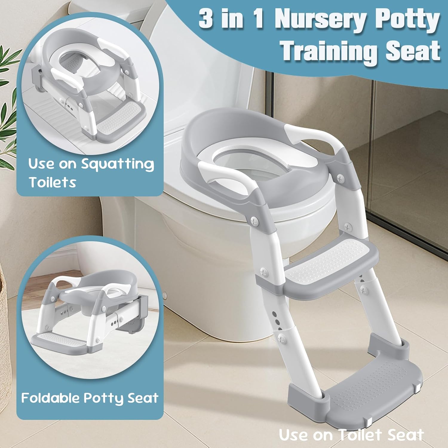 Potty Training Seat, Toddler Potty Training Toilet with Step Stool Ladder for Kids Boys Girls, 3 in 1 Foldable Toilet Seat Potty Chair with Urinals, Splash Guard, Handles, Anti-Slip Pad,Grey - Image 4