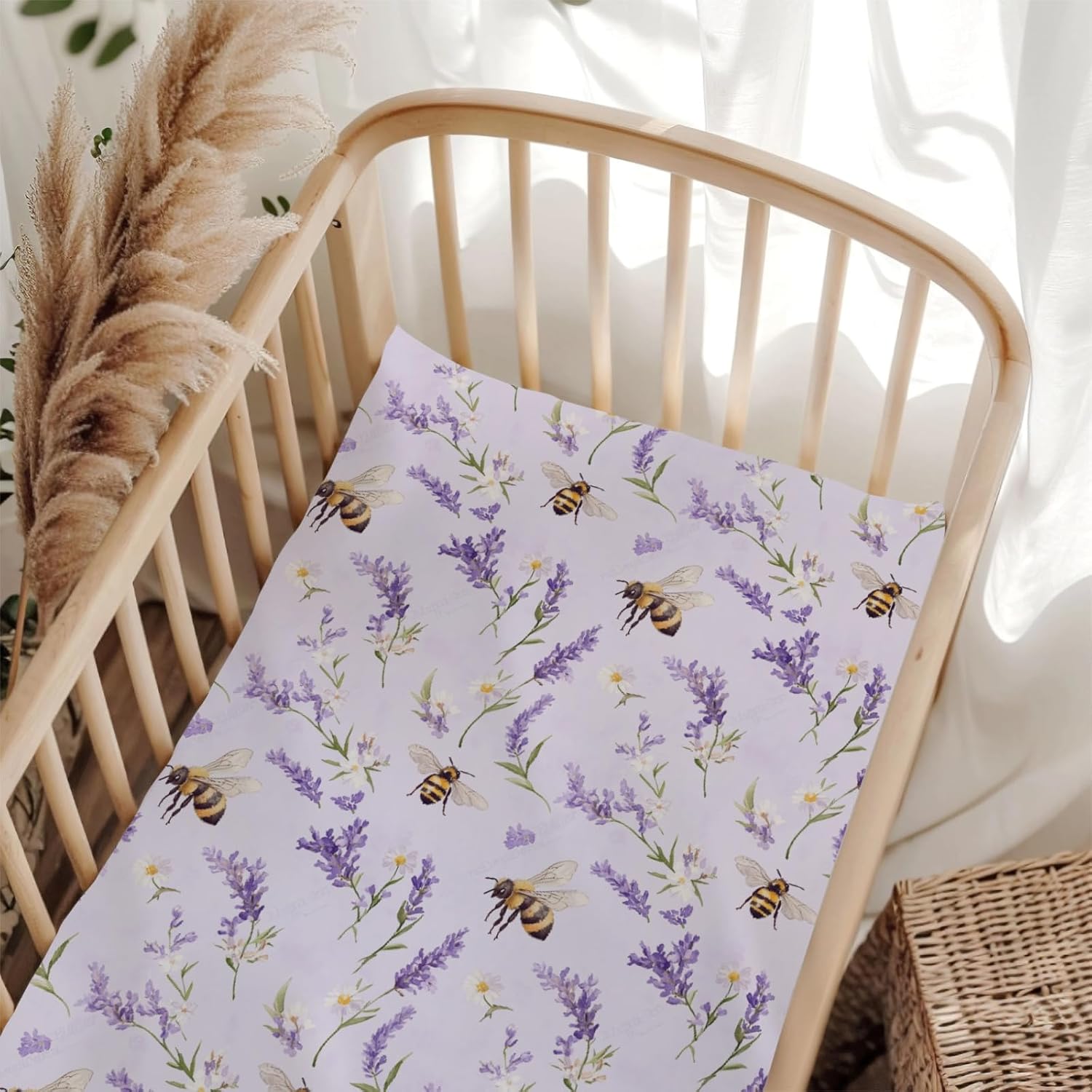 Cute Bees Lavender Daisy Purple Floral Baby Crib Sheets for Boy Girl 28x52 Inch Watercolor Bee Wild Flowers Leaves Fitted Crib Sheet Spring Summer Bed Sheets Purple One Size