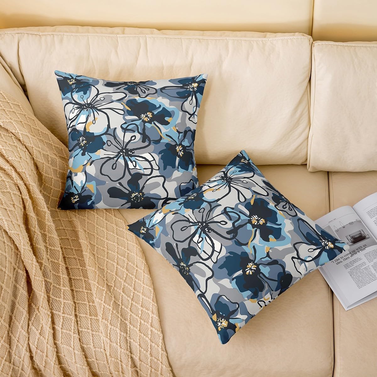 Floral Throw Pillow Cover 24"x24" Set of 2 Garden Flowers Cushion Cover for Sofa Couch Retro Floral Watercolor Decorative Pillow Case for Living Room Women Men Blue Gray Botanical Blossom Cushion Case