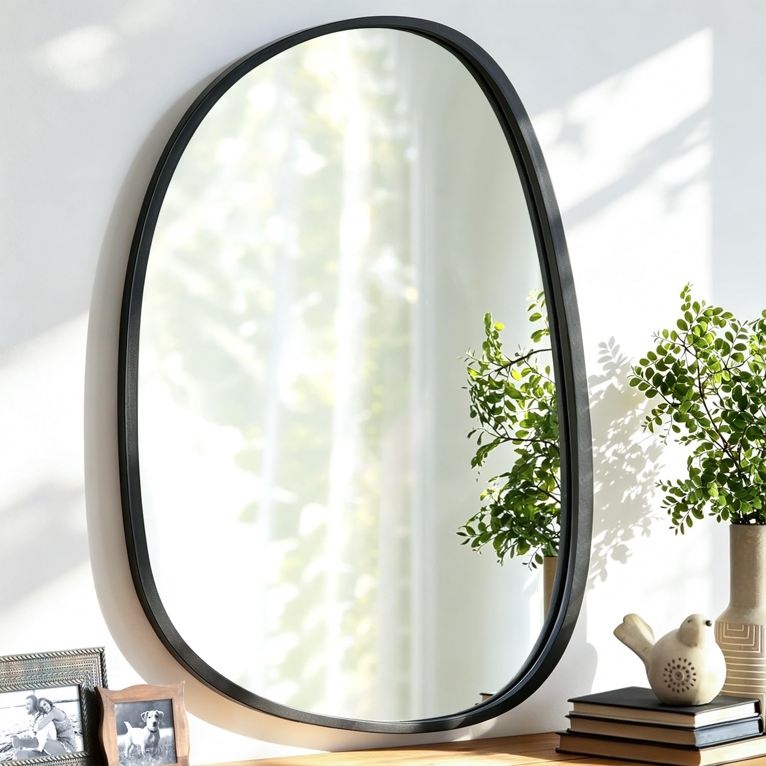 Lzuso Asymmetrical Wood Wall Mirror Irregular Oval Hanging Frame Mirror for Wall Vanity Bathroom Living Room Bedroom Entryway Hallway Modern Unique Decorative Artistic Mirror Black