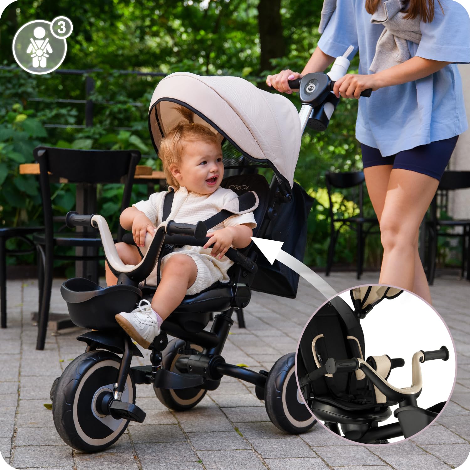 Triciclo per bambini MoMi IVI, seduta girevole 360°, cinture a 3 punti, poggiapiedi, tettuccio parasole, ruote EVA, manubrio regolabile, borsa e cestino portaoggetti
