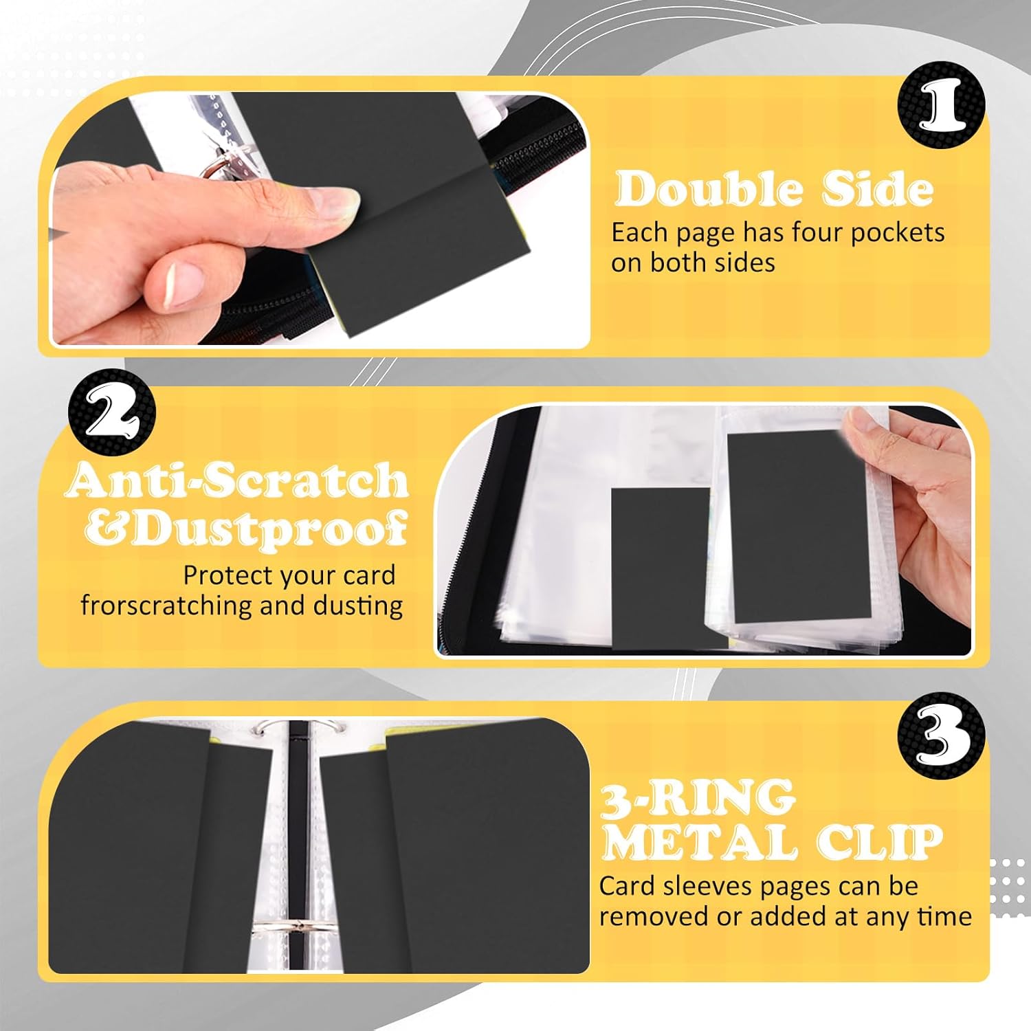 4 Pockets Trading Card Binder, 400 Card Holders with 50 Removable Sleeves, Portable Card Binder Album with zipper, Card holder Book for Game, Sport Collection (Black)