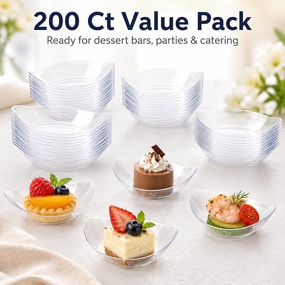 Kingrol 200 Ct Mini Dessert Plates, 3-1/8 x 2-5/8 Inches Clear Disposable Plastic Tray
