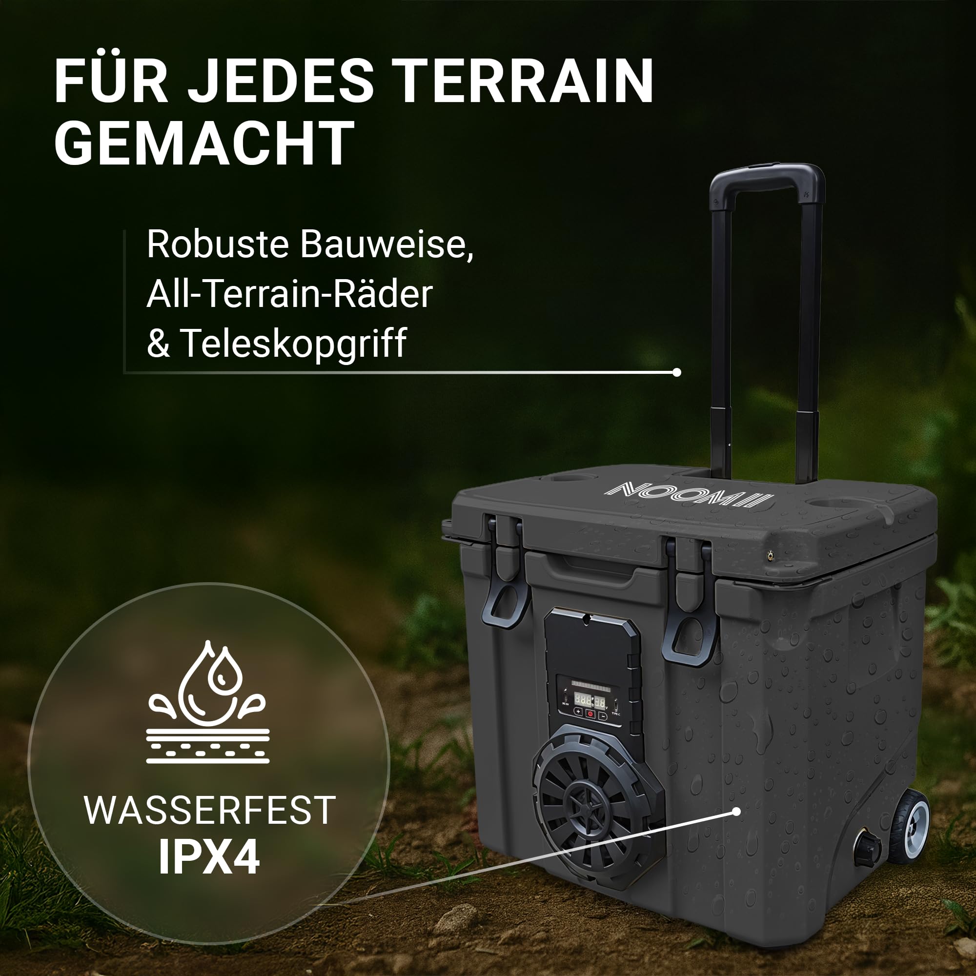 NooMii – Kühlbox mit Akku USB-Anschluss, Massiver Bluetooth-Lautsprecher, IPX4 wasserdicht Thermobox, bis 60h Kältehaltezeit; Mobile Camping-Kühlbox & Bluetooth-Speaker
