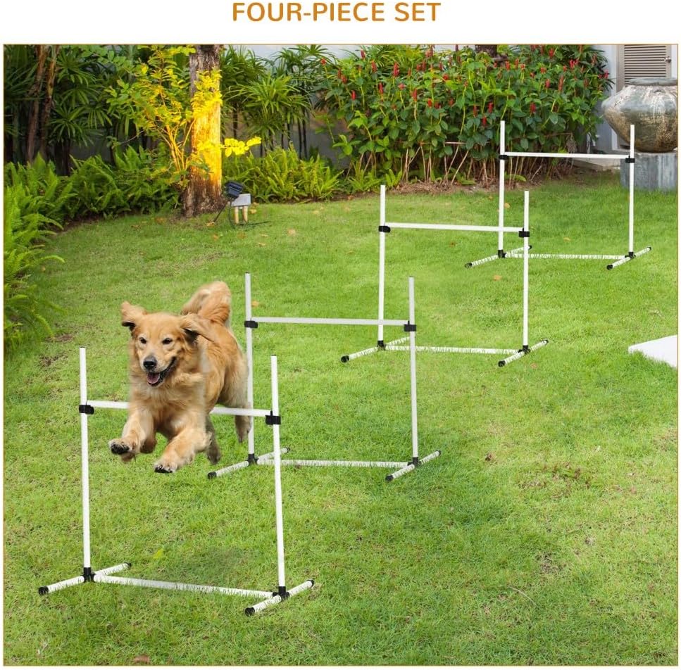 anwickjeff 4 Piece Dog Agility Training Equipment with Adjustable Height Jump Bars, Included Carry Bag, & Displacing Top Bar, Advanced Obstacle Courses for Dog Backyard Competitive (White, 4 Piece)