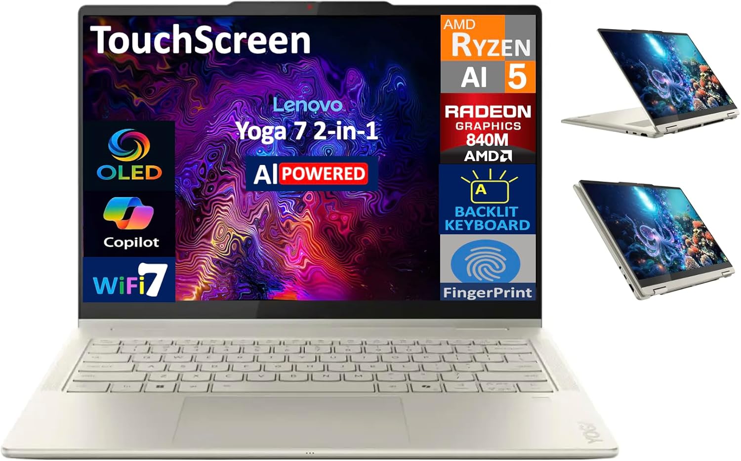 Lenovo Yoga 7 2-in-1 Copilot+ Laptop 14.0" OLED Touch, 100% DCI-P3, 600nits HDR (AMD Ryzen AI 5 340 (up to 50 Tops), 16GB DDR5, 512GB SSD, Backlit KB, FP, 5.0MP Webcam, Win11Home) w/DKZ Port Expander