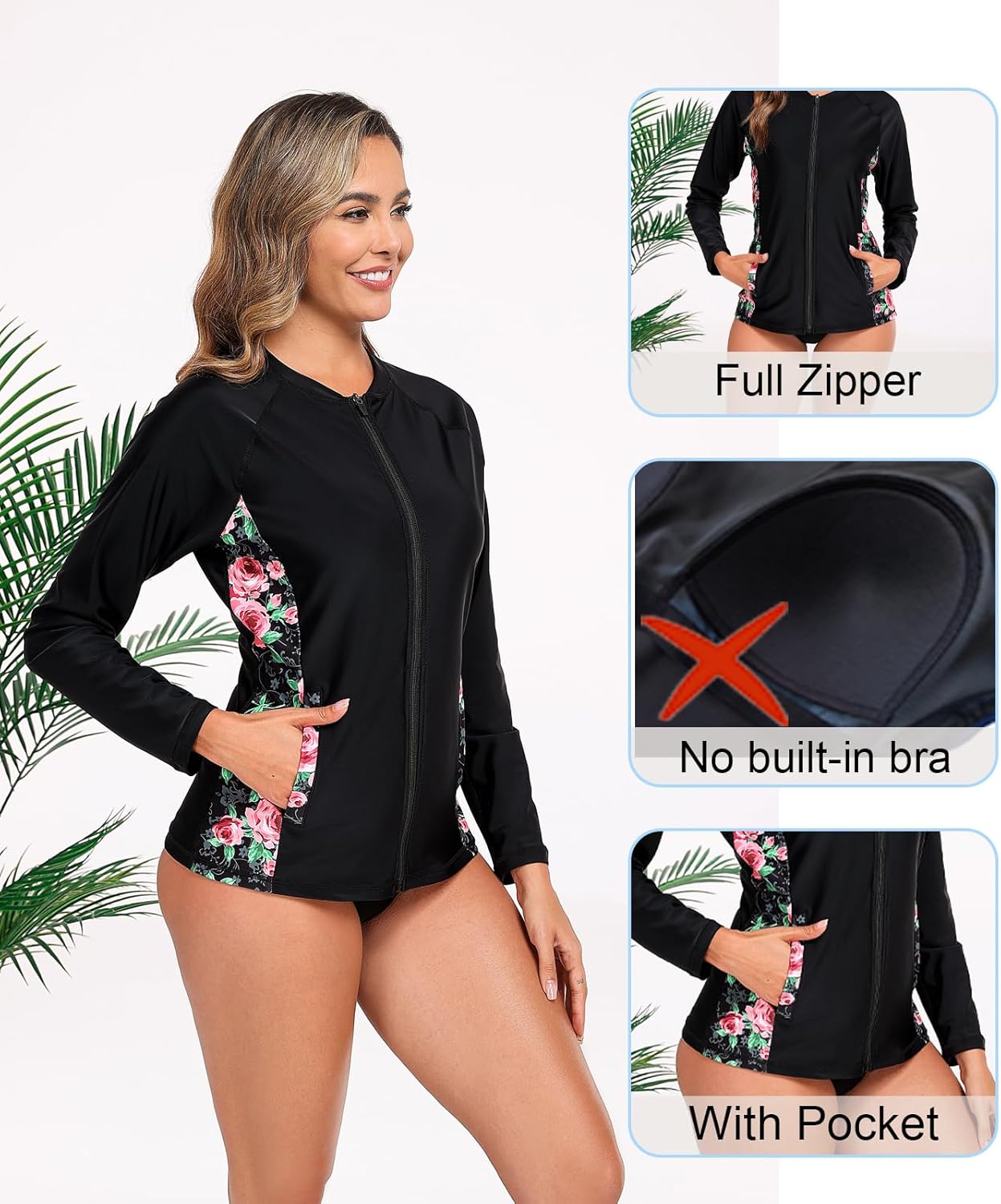 Halcurt Women's Full Zip Long Sleeve Rash Guard Swim Top with Pockets UPF50+ Quick Dry Swimsuit - Image 5