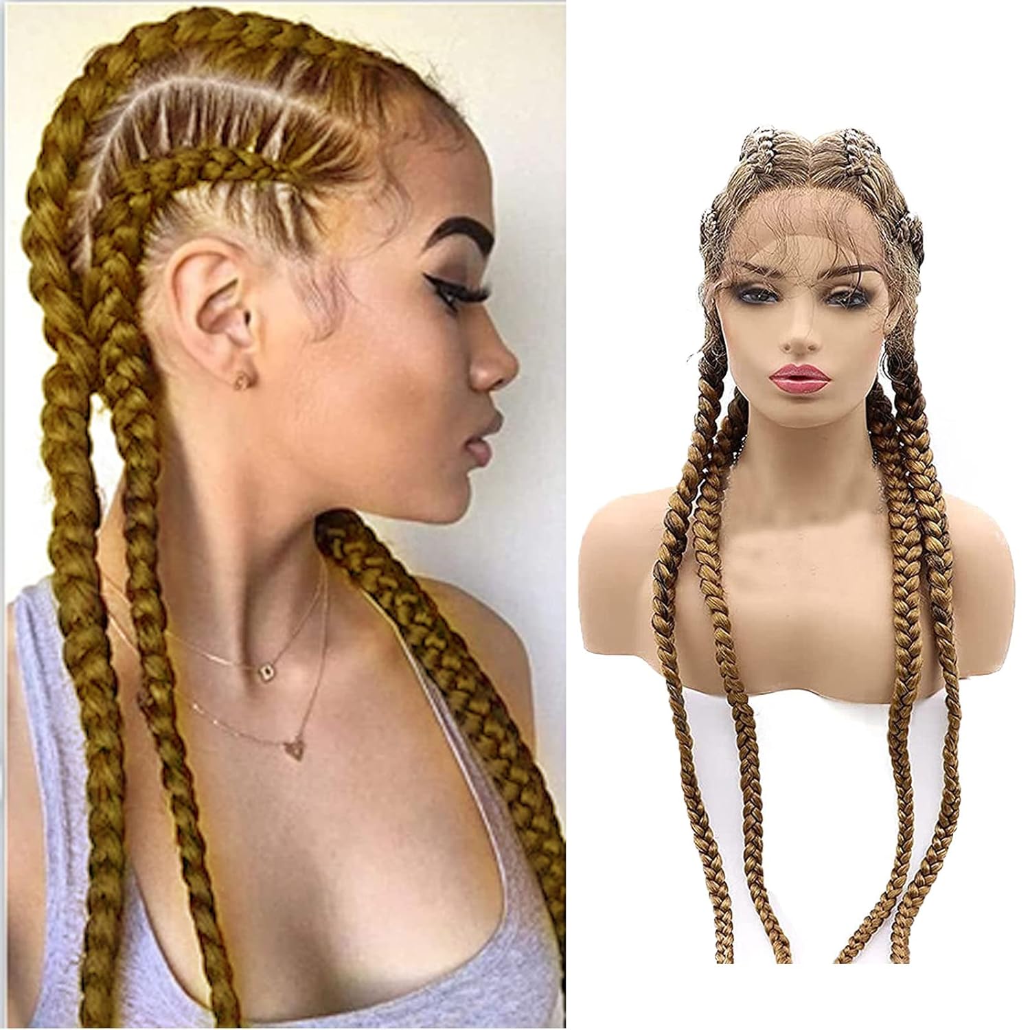 Lace Front Braided Wigs for Women Mixed Blonde Brown Color Long Double Dutch Braid Wig with Baby Hair 360 Swiss 100% Hand Braids Frontal Lace Wig Lightweight Synthetic Heat Resistant Hair 30 Inch
