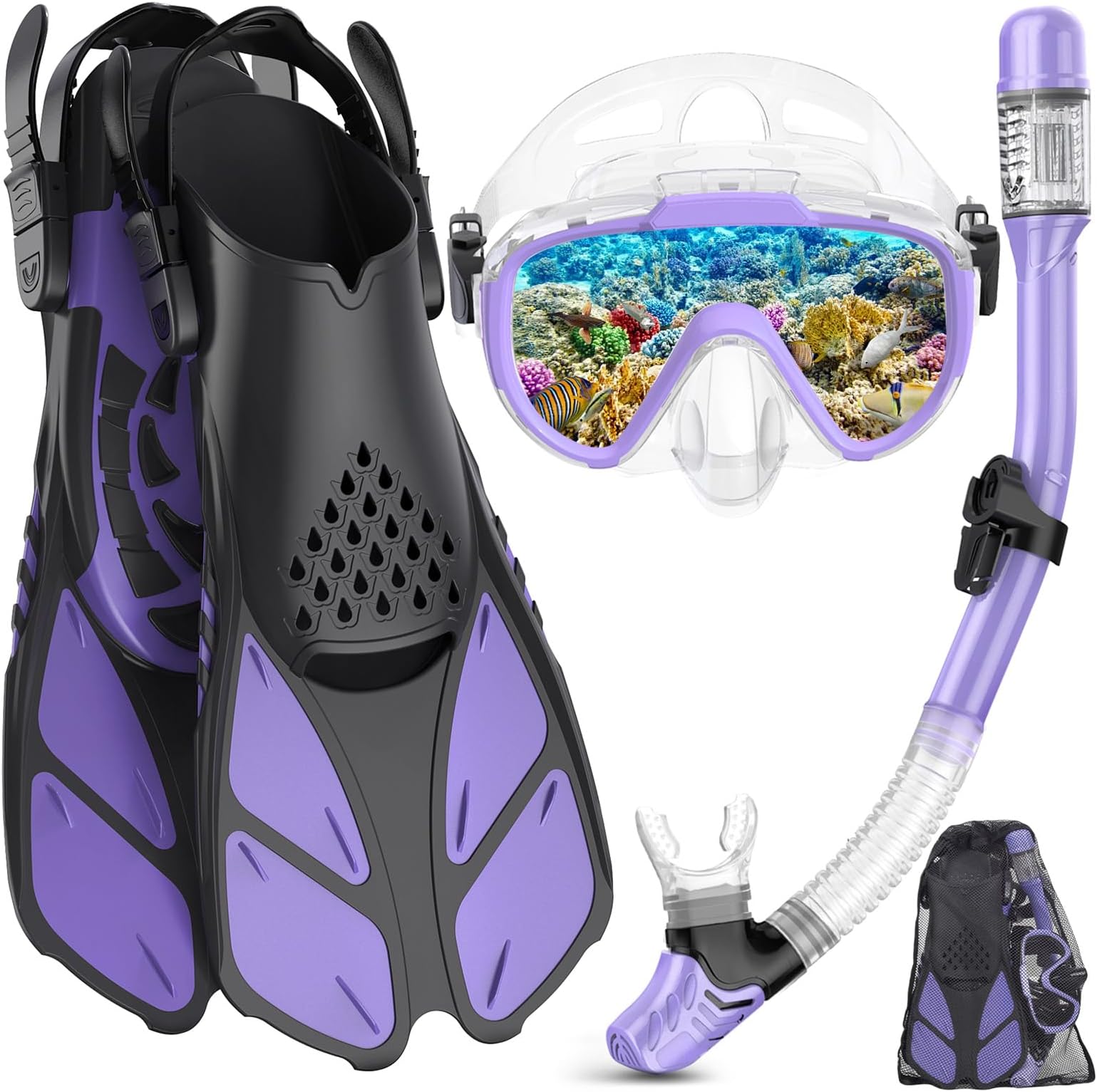 Snorkel Set Adult with Flippers, Anti-Fog Diving Set, Dry Snorkel, Adjustable Flippers, Snorkelling Packages for Men and Women