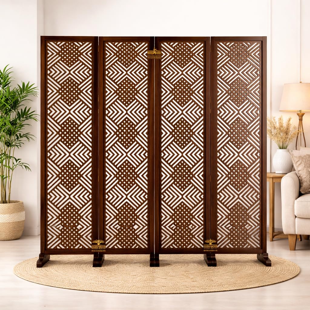 Rose Wood Natinal Wooden Living Room Partition Wooden Room Divider Separator for Office Leaf Design Wooden Partition 6 Fit 4 Panel Golden-Brown.. (6 Feet 4 Panel (2W x 183L Cm)).-image-48