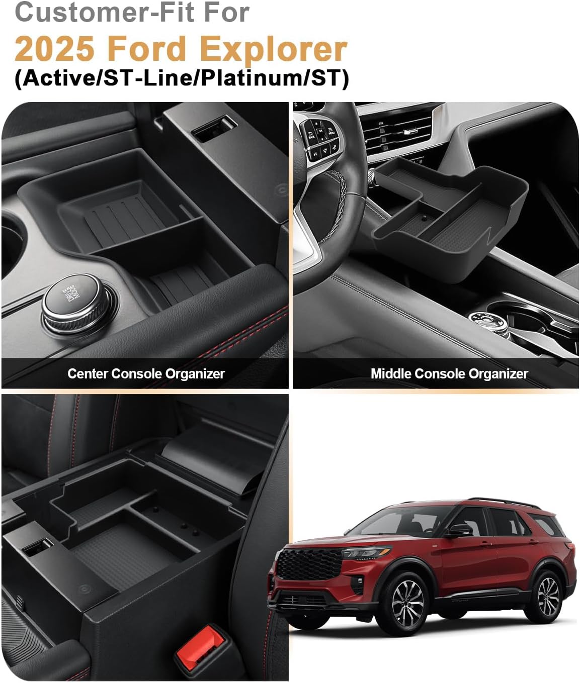 3 Pcs Center Console Organizer For 2025 Ford Explorer - Armrest Box Organizer Tray + 2 Pcs Center Console Storage Tray - Compatible with 2025 Ford Explorer Interior Accessories ABS - Not For 2026