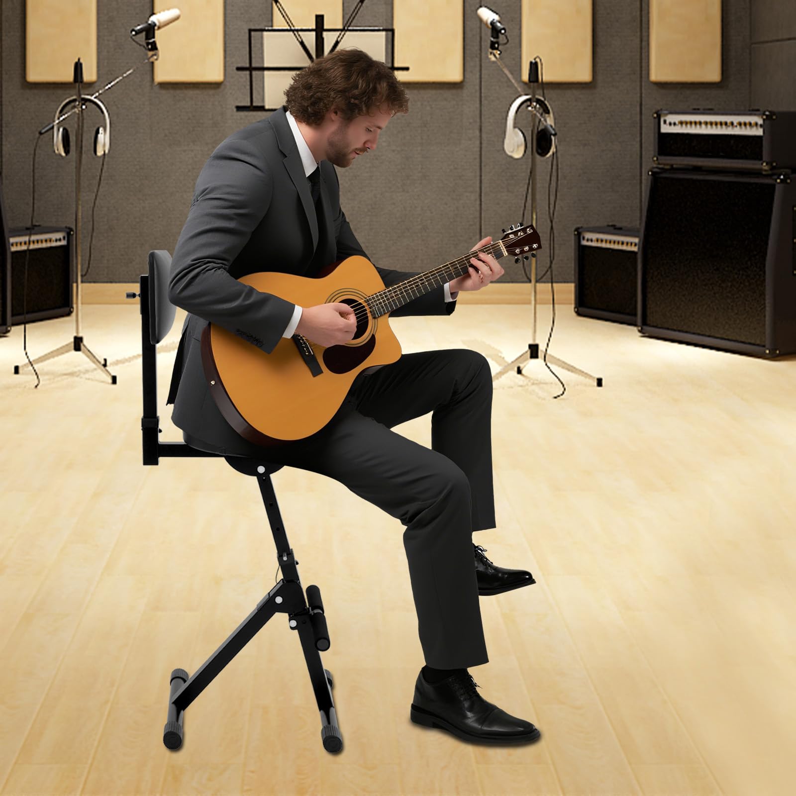 Sgabello per chitarra con schienale in metallo, regolabile in altezza, portatile, per adulti, batteristi e chitarristi, fino a 100 kg