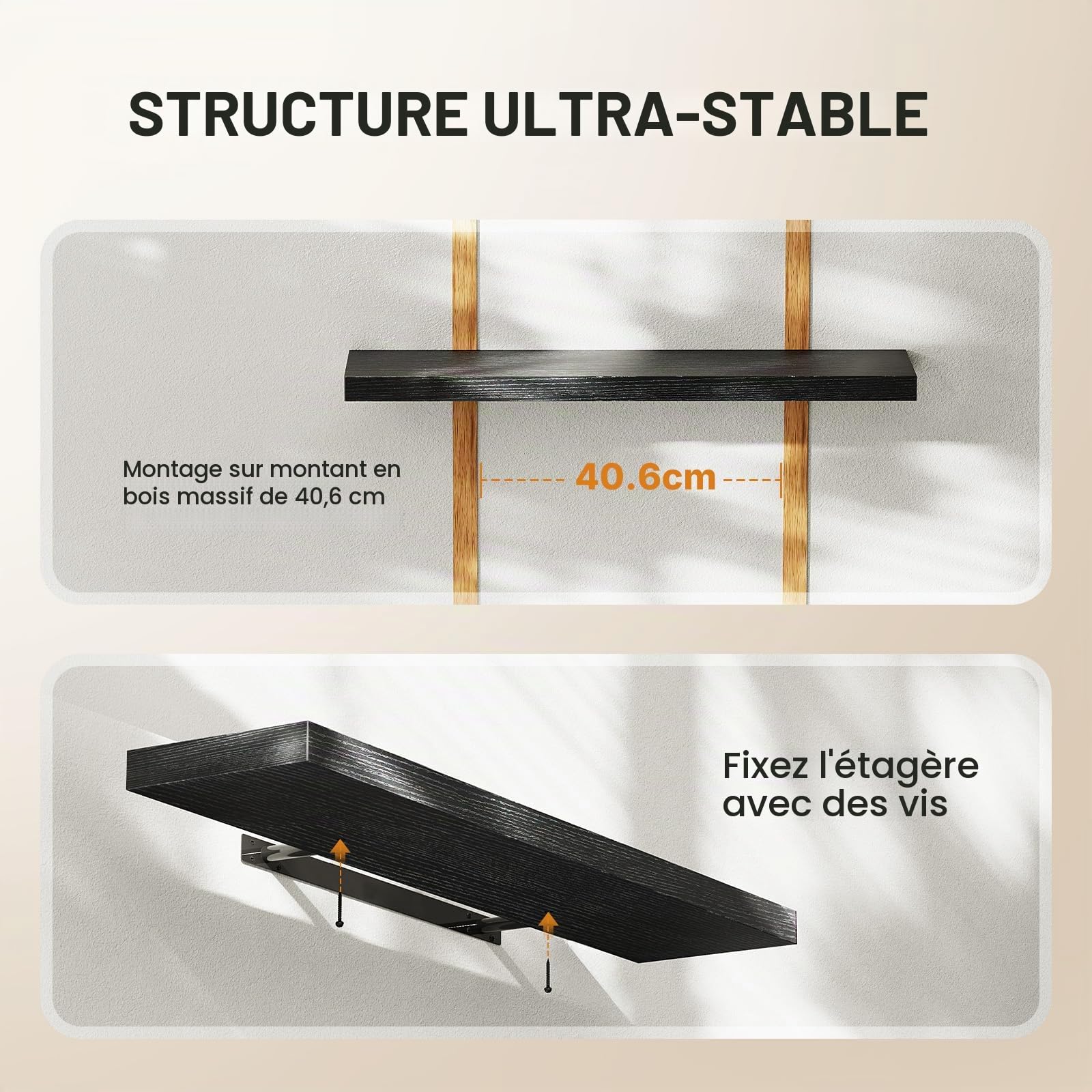 Amada Étagère Murale 60 cm avec Supports Invisibles, Lot de 2, Noirc