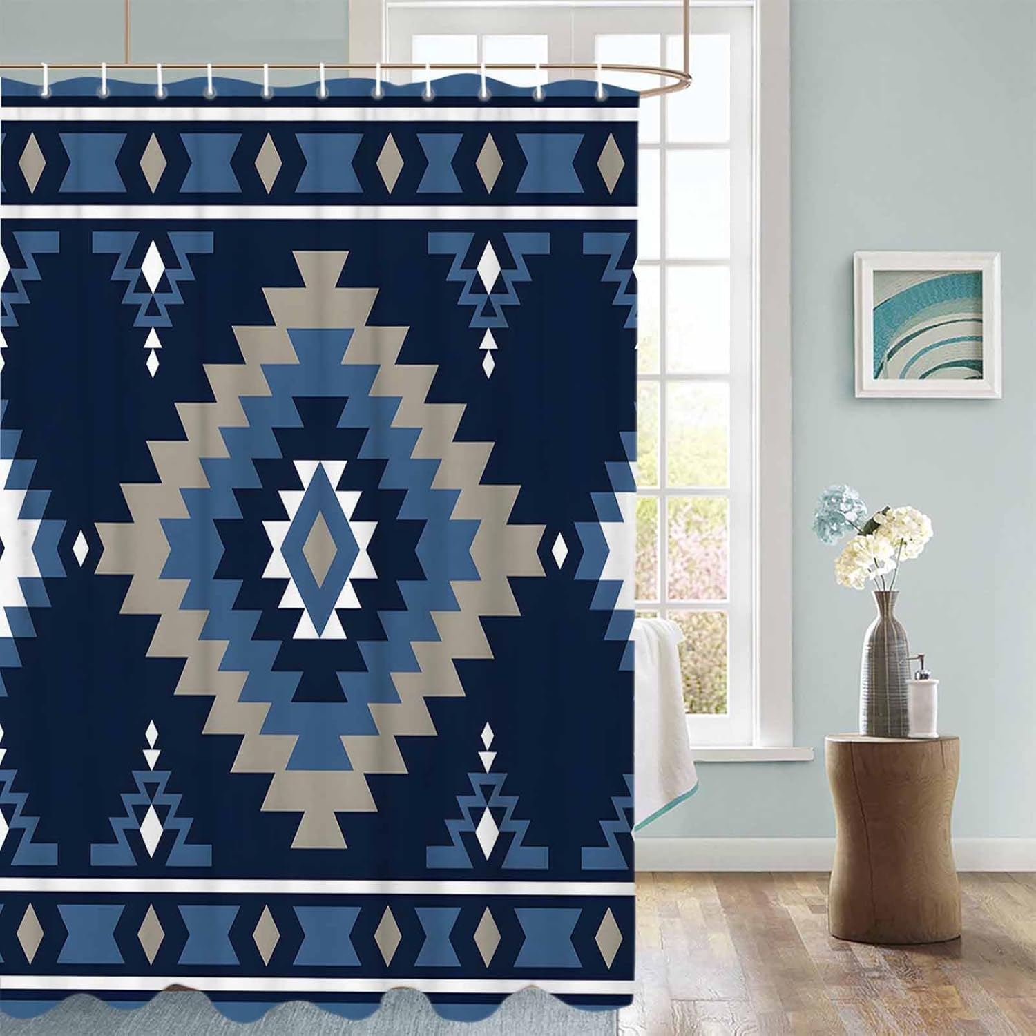 Vintage Southwest Shower Curtain Set with Hook 72"x78",Washable Cloth Polyester Fabric Shower+Curtain,Waterproof Bath Curtains for Bathroom,Showers,Bathtubs Navy Blue Native American Geometric Boho
