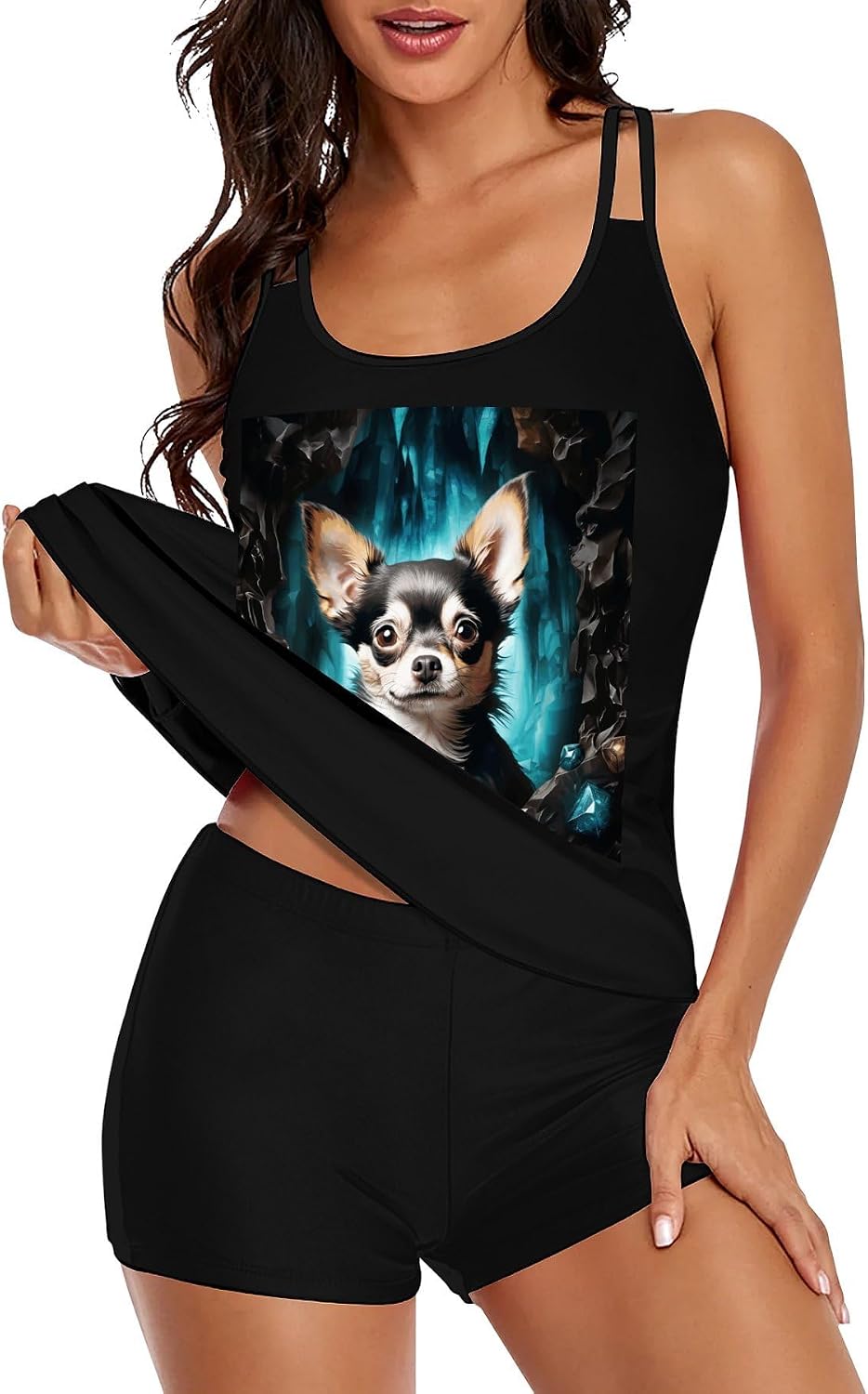 Gem Cave Chihuahua Tankini Swimsuits for Women Tummy Control Two Piece Bathing Suits Swim Tops with Boy Shorts