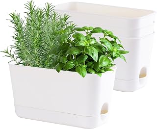 Herb Garden Planter Indoor Kit Self Watering Pots for Indoor/Outdoor Plants 4 Packs Windowsill Plant Pots with Drainage and Tray, Window Pot for Indoor Plants