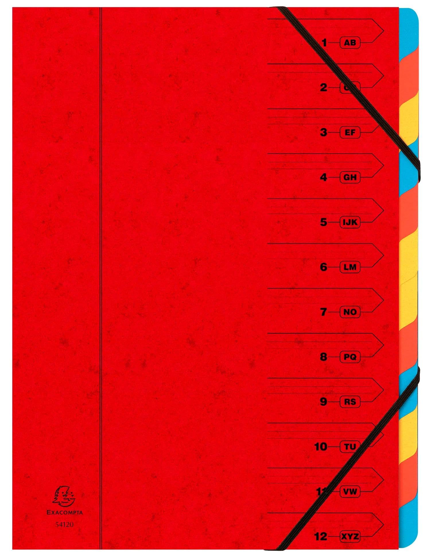 Exacompta - Réf. 54125E - Carton de 8 trieurs dos agrafé - avec élastiques - couverture imprimée en carte lustrée et intérieur en carte recyclée - 12 compartiments - dim 24,5x 32 cm - pour A4 - rouge
