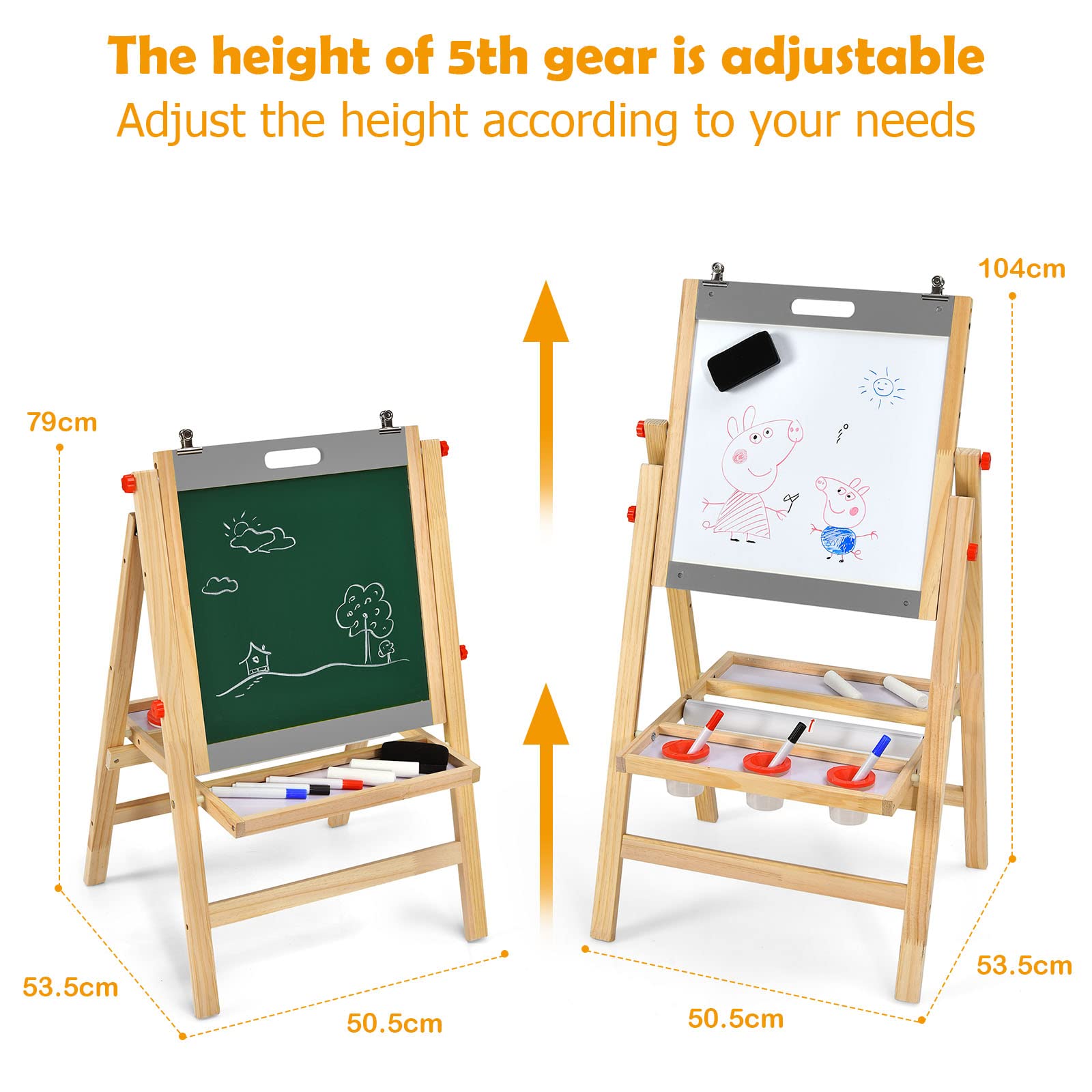 LIFEZEAL Caballete infantil con Pizarra 2 en 1, caballete con doble cara para niños, altura ajustable, tabla de madera plegable, pizarra magnética y pizarra negra con accesorios y estante (gris)
