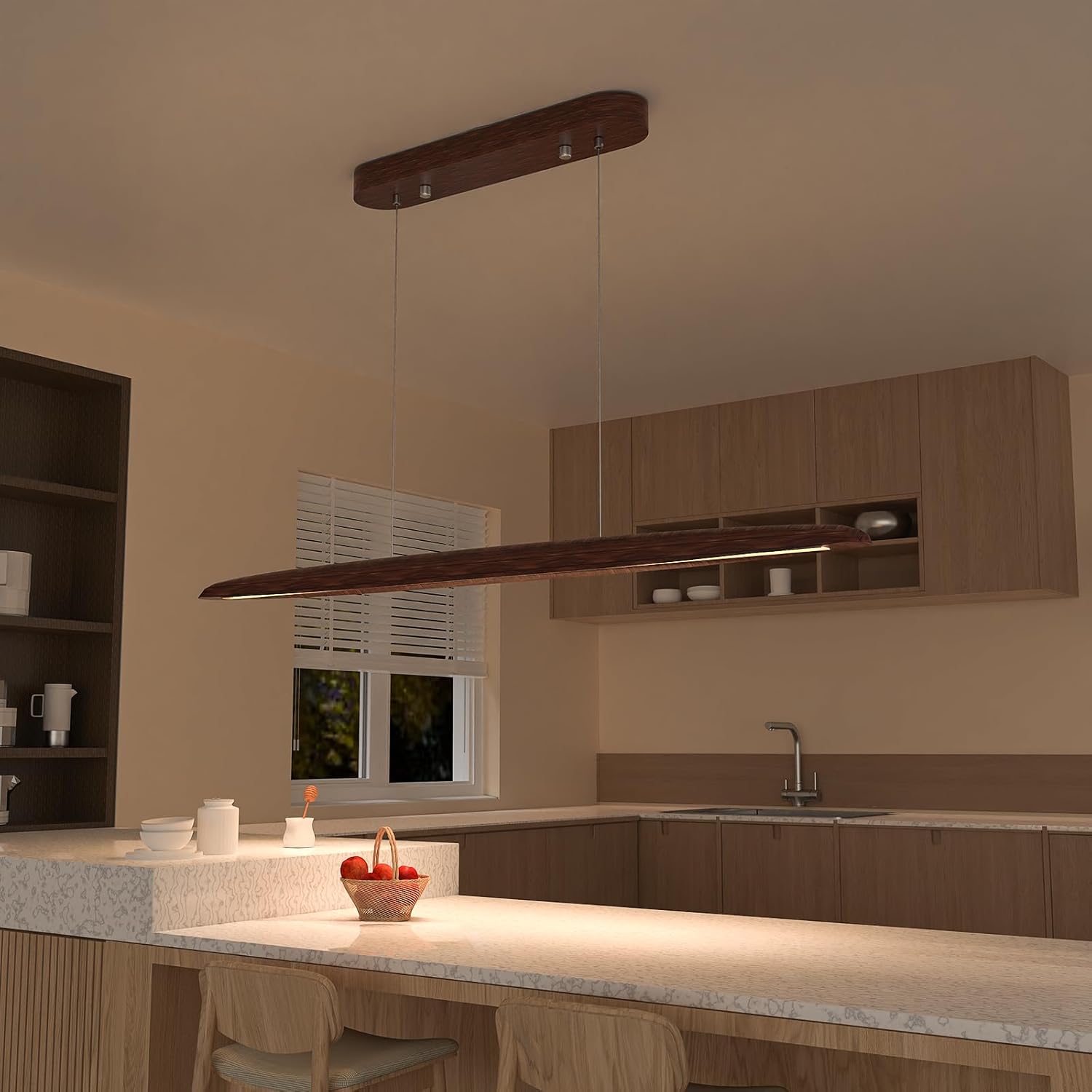 44" Wood Linear Pendant Light, LED Dimmable Island Lights for Kitchen with Remote & APP Control, 30W Adjustable CCT (3000K-6000K) for Dining Room Kitchen Island Bar