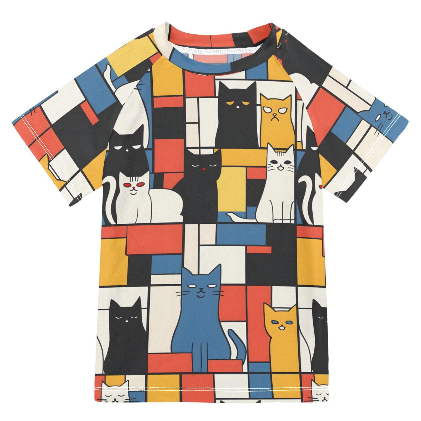 Boys Rash Guard Short Sleeve Swim Shirts for Boys Cat Geometric Abstract Sun Protection 7-8T