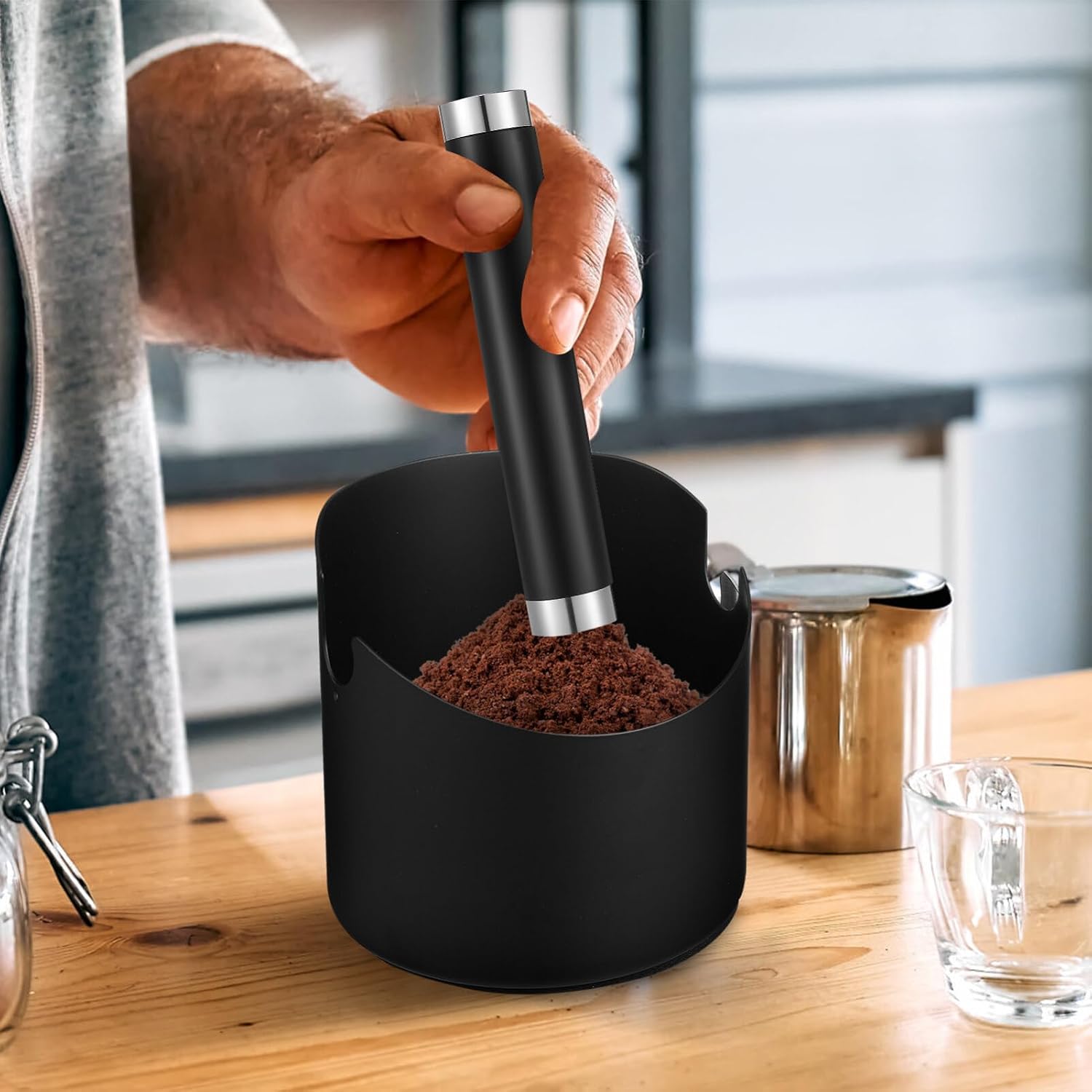 Alipis Coffee Knock Box Stainless Steel Espresso Dump Bin, Coffee Grounds Container Waste Bin Espresso Machine Accessories with Cleaning Brush