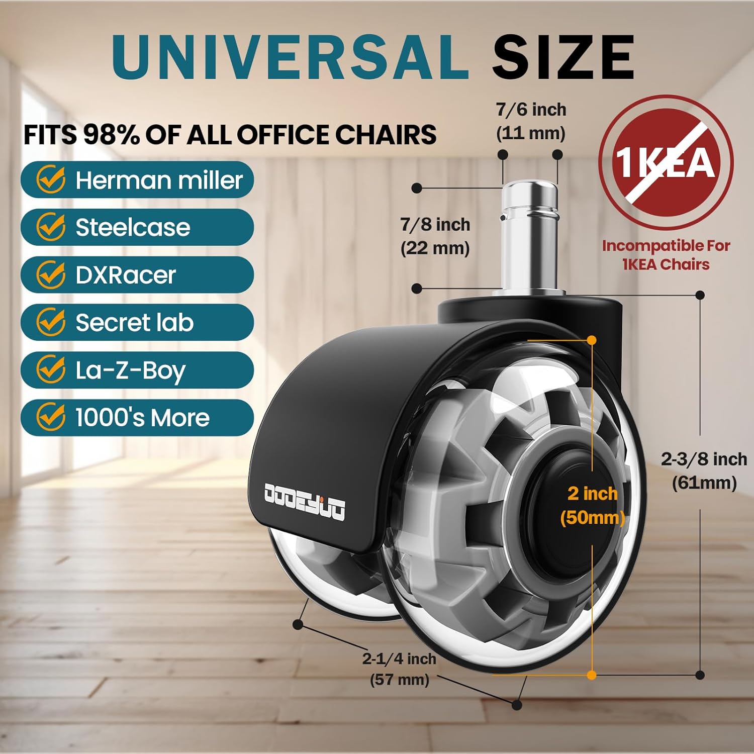 2 Inch Office Chair Wheels TPU Clear Rubber, 7/16-7/8 Stem, 880LB Capacity, High Elasticity, Set of 5, for Hardwood Floors, Smooth & Silent Rolling,Carpet,Office Chairs, Fits 98% Chairs, Not for 1KEA