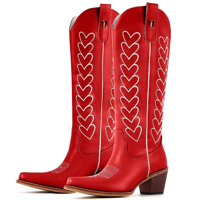 Yolkomo Cowboy Boots for Women Knee High Cowgirl Boots with Hearts