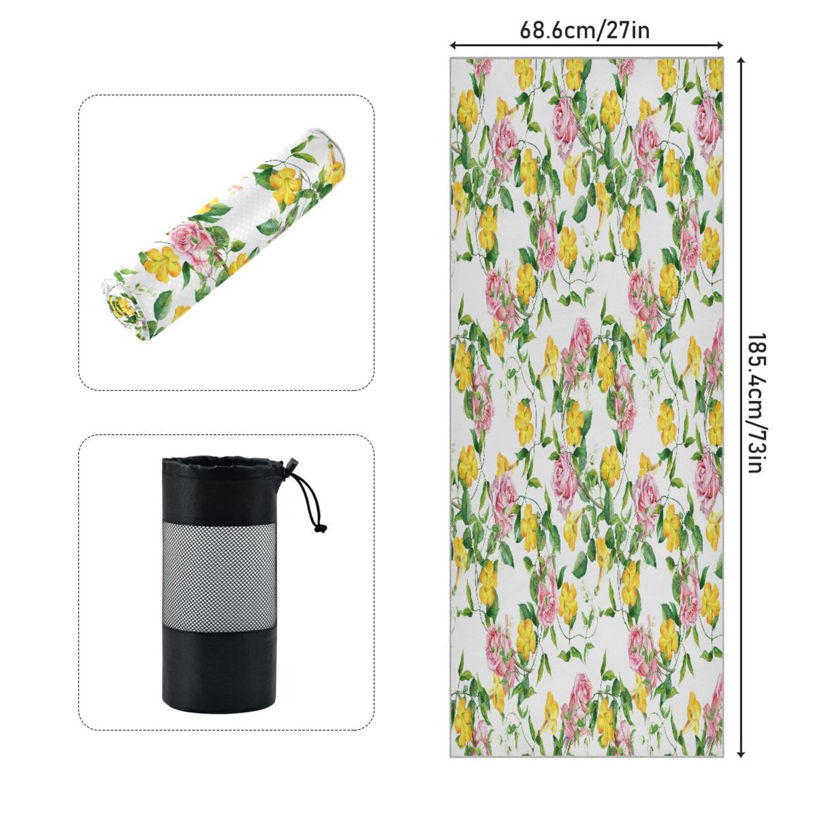 pnyoin Yellow Flowers and Roses Yoga Towel,Hot Yoga Mat Towel with Grip Dots Sweat Absorbent Non-Slip for Hot Yoga, 24