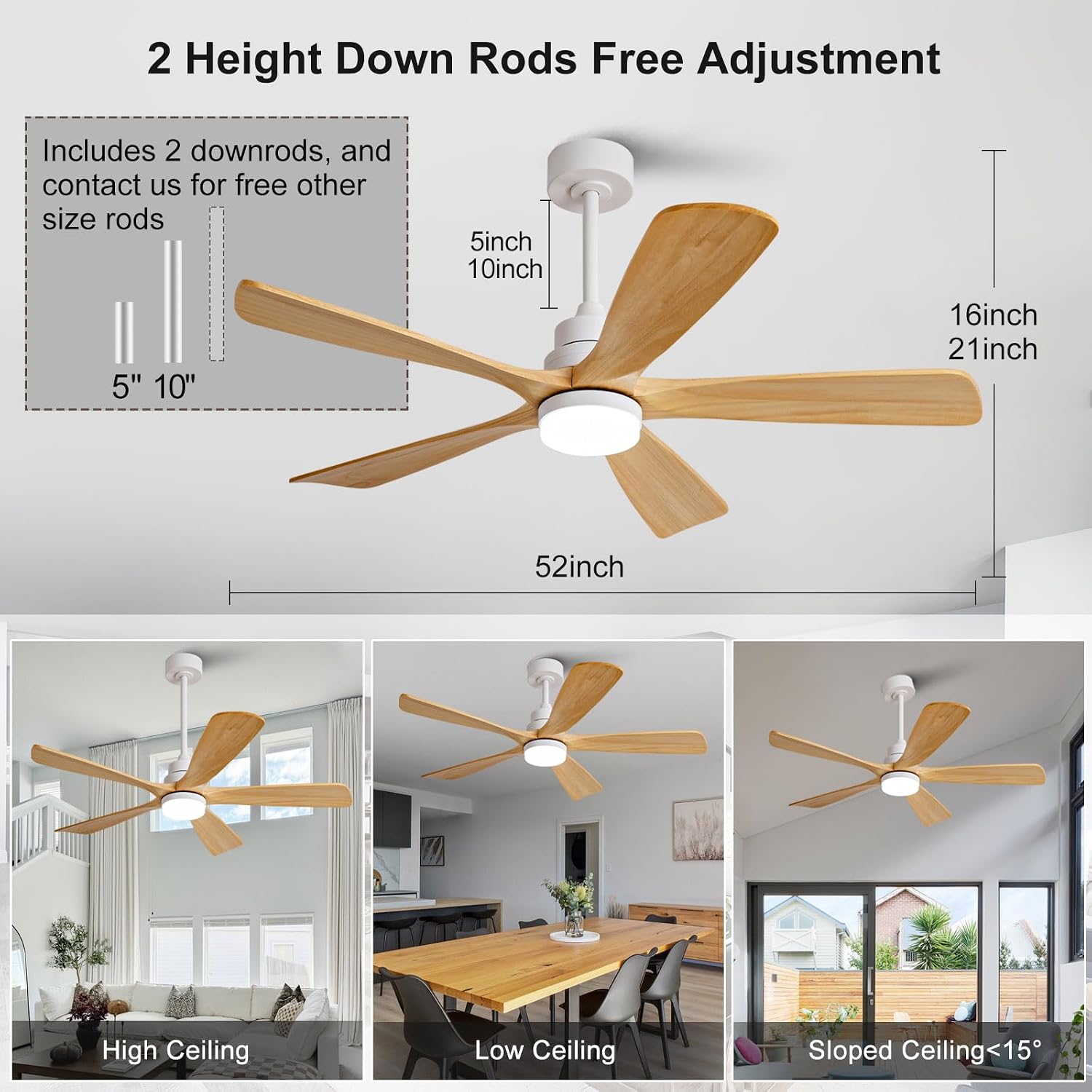 BOJUE 52 Inch Ceiling Fans with Lights and Remote Control, Dimmable 5 Blade Outdoor Ceiling Fans for Patios, White Natural Wood Bedroom Ceiling Fan, Reversible DC Motor, Memory Function