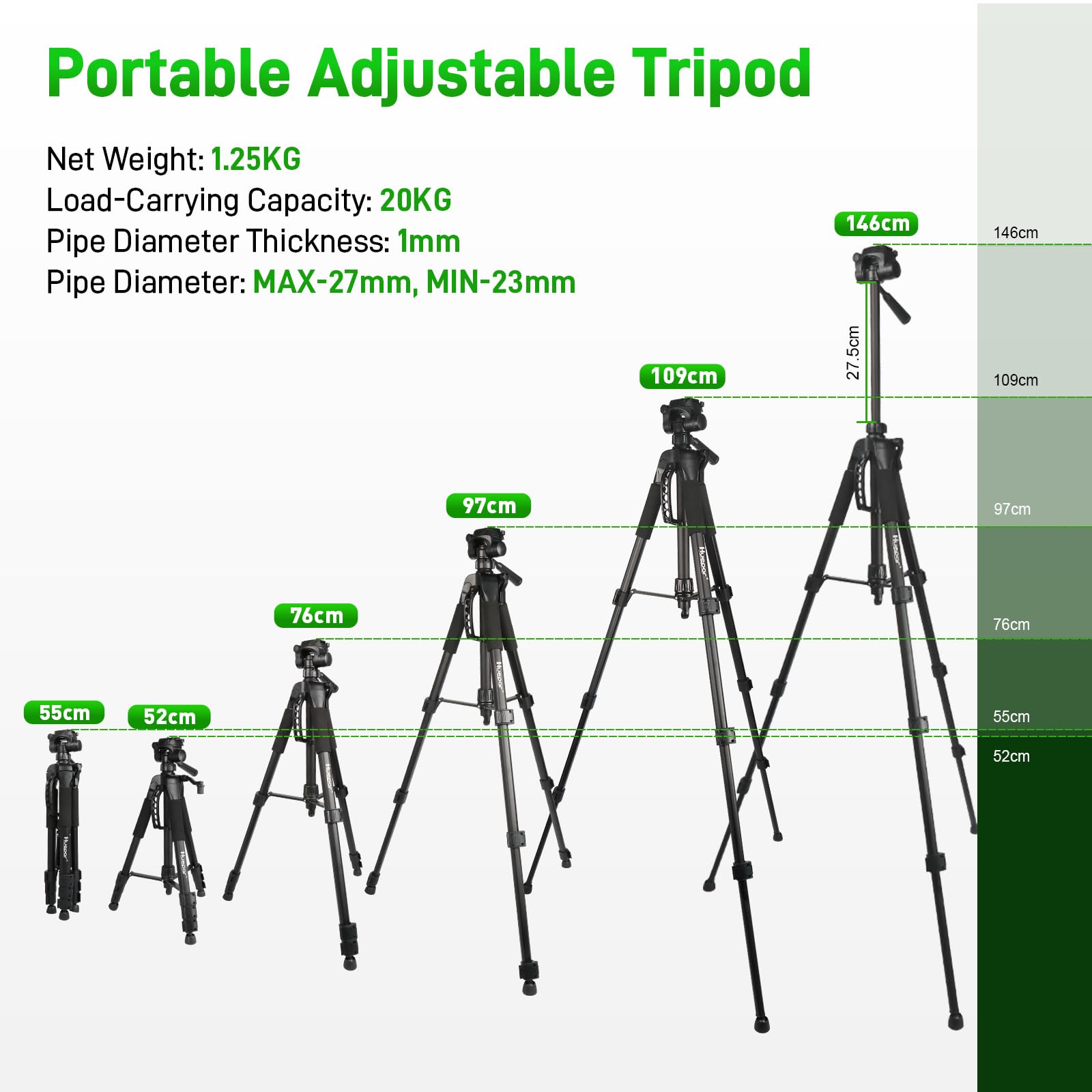 Huepar TPD14A1 150cm Trépied Réglable Portable pour Niveau Laser, avec Tête Panoramique Flexible 3-Voies et Niveau à Bulle,Support pour téléphone avec Vis 1/4"-20 et Écrou d'adaptation 5/8"-11