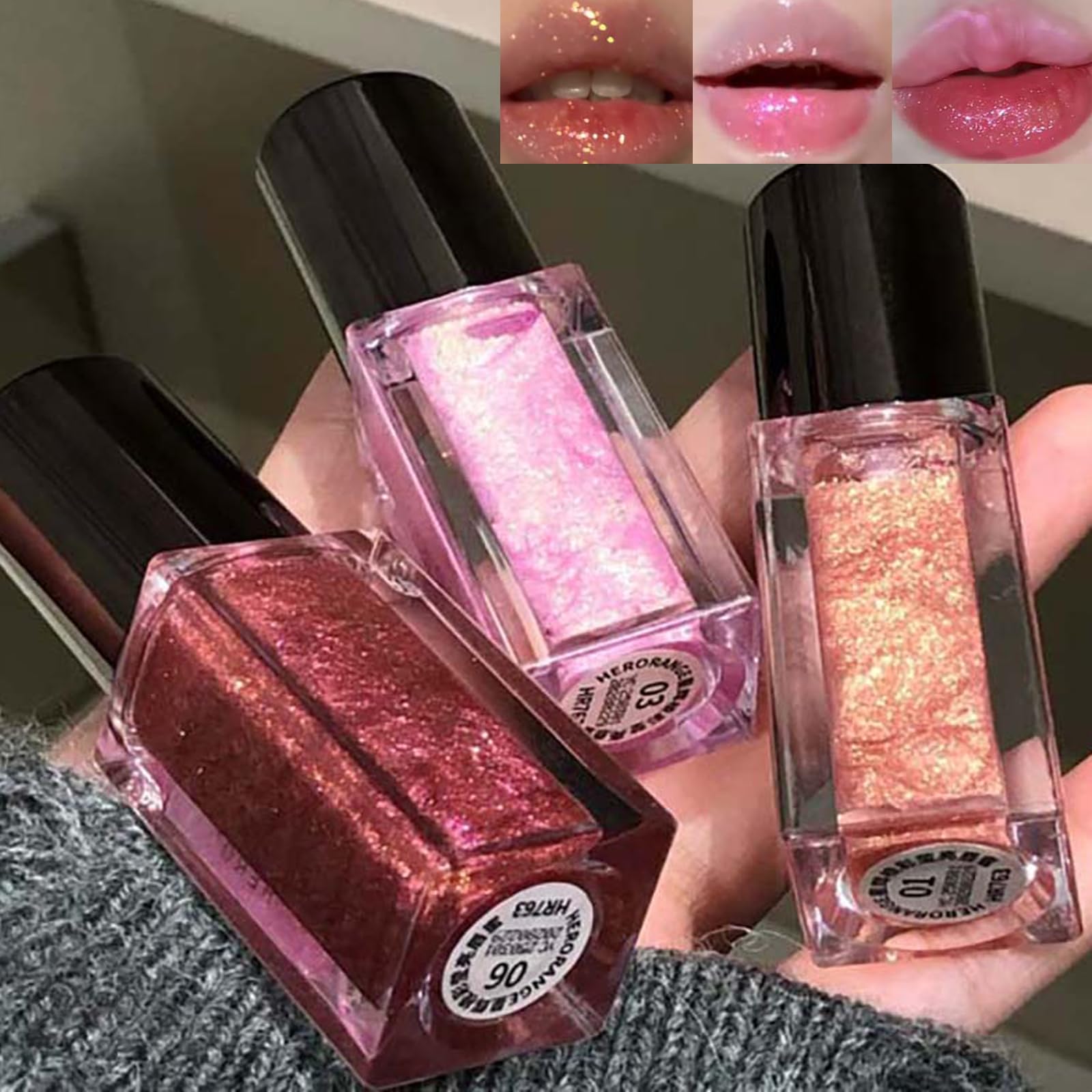 Diamond Lip Gloss,3 Colors Shimmery Glitter Moisturizing Lip Gloss,Plumping Lip Oil,Sparkle Sparkling Lipstick,Long Lasting,High Shiny Lip Glow Set