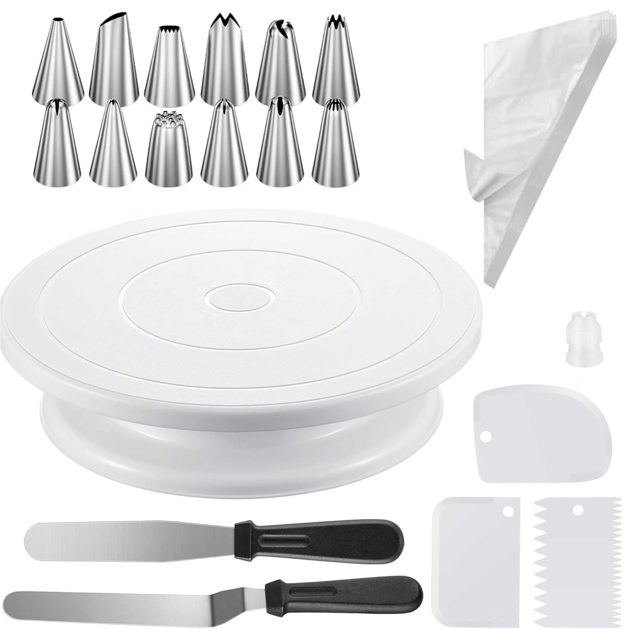 69 Pcs Cake Decorating Kit, 11 Inch Cake Turntable Set with 50 Piping Bags, 12 Icing Tips, 3 Smoothers and 2 Palette Knives, Cake Decorating Supplies for Beginners