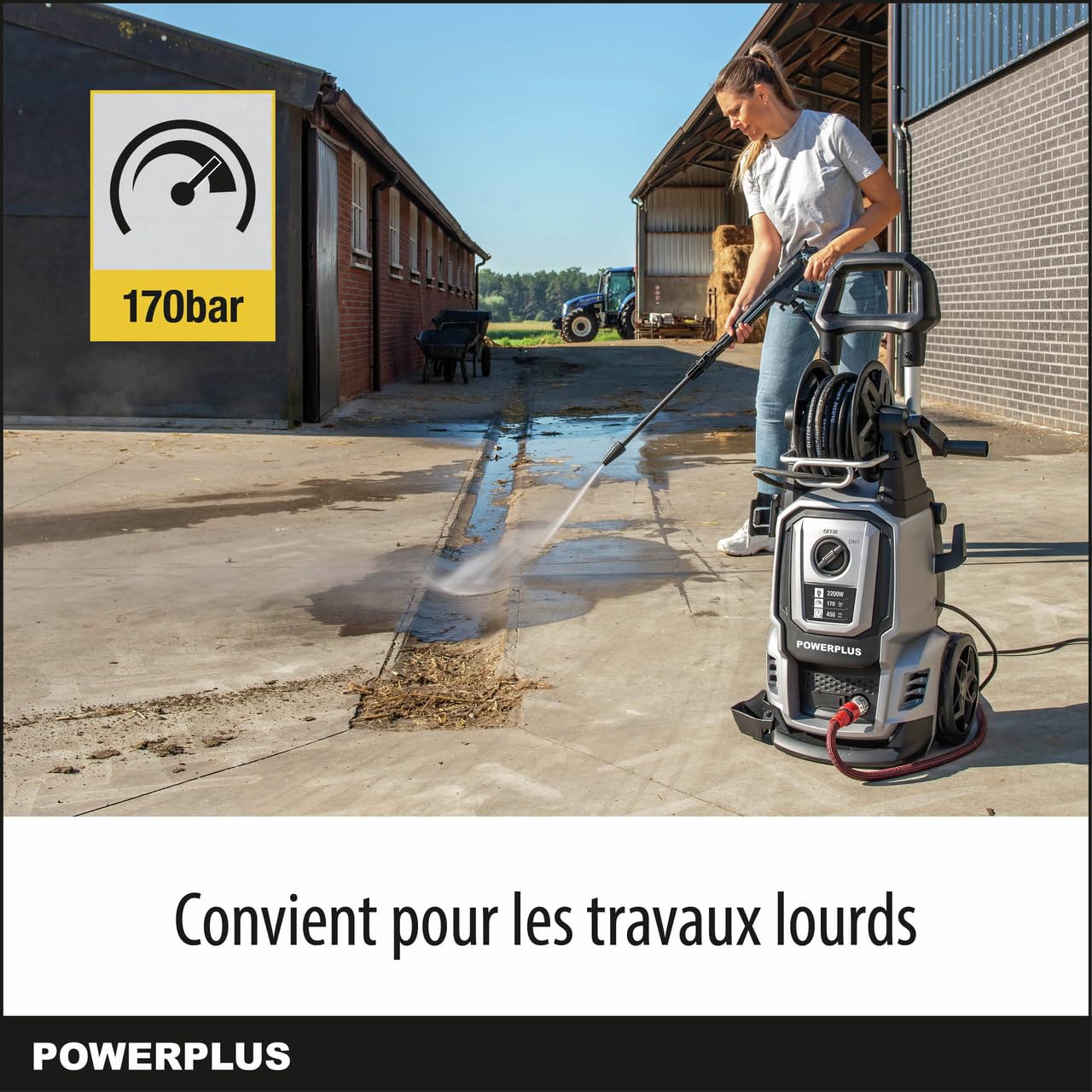 Powerplus Hidrolimpiadora Eléctrica POWXG90421 - Limpiadora de Terrazas de 2200 W, 170 Bares y 50 °C - con Manguera de 8 m y Accesorios Incluidos