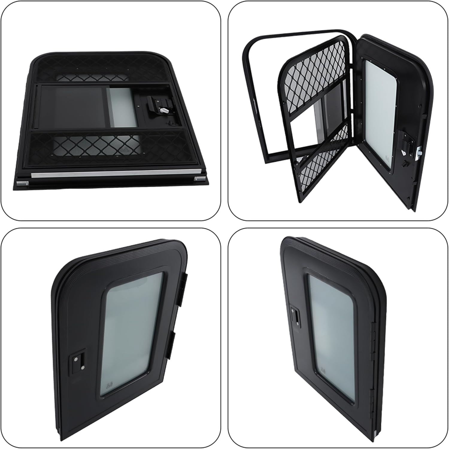 26(W) × 32(H) Passenger RV Entry Door with Radius Corners on Top and Square Bottom with Screen Door and Window Black