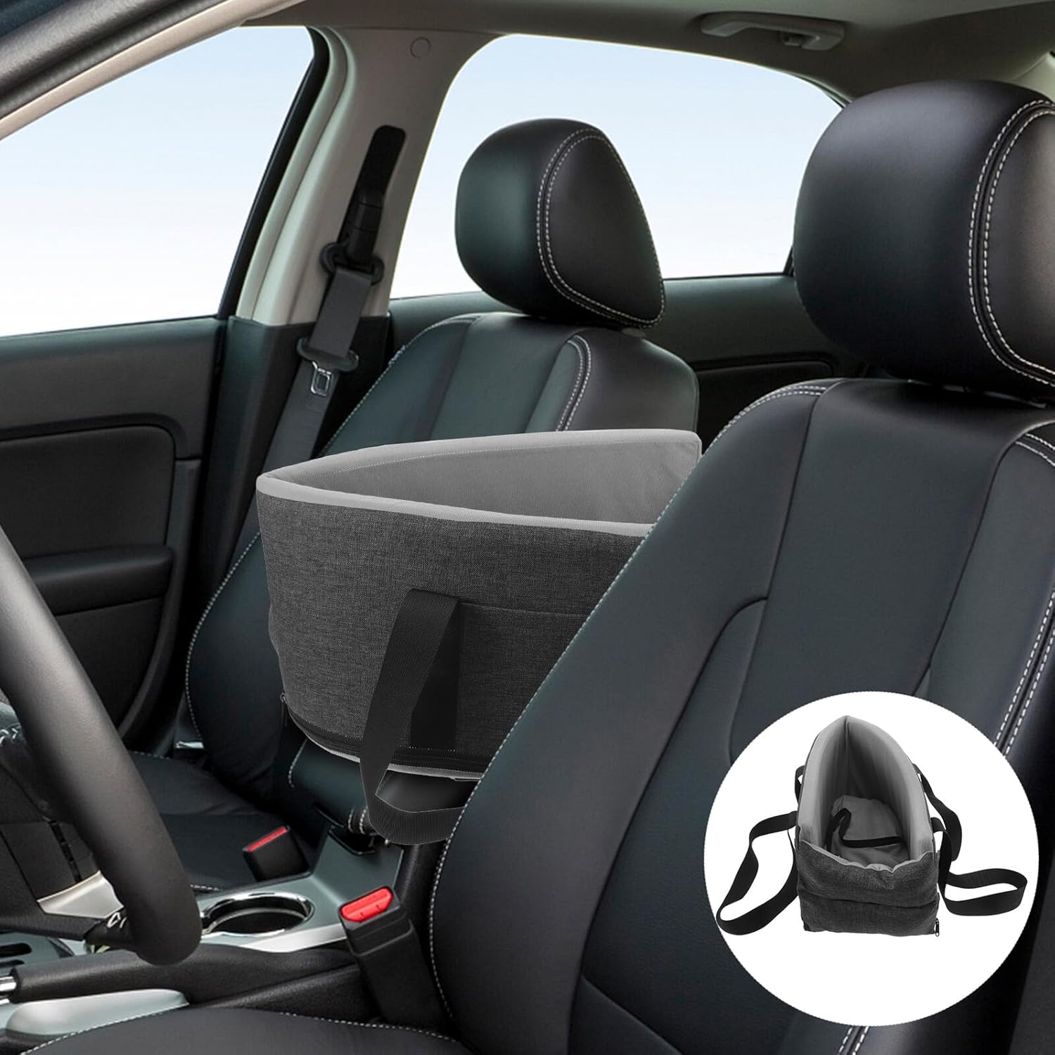 Pet Seat Cushion for Small Dogs and Cats, Washable Deep Gray Elevated Booster Seat with Safety Leash, Universal Center Console Pet Travel Bed for All Seasons