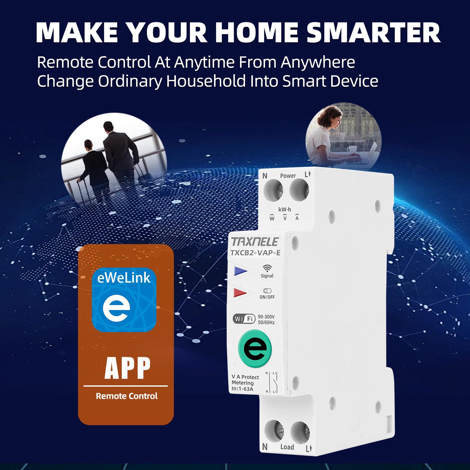 Ewelink wifi interrupteur intelligent interrupteur temps relais minuterie 1P + n 10A 16A 20A 25a 32A 40A 63A 110V 220V télécommande sans fil commande vocale (1-63A Adjustable VA Protect)
