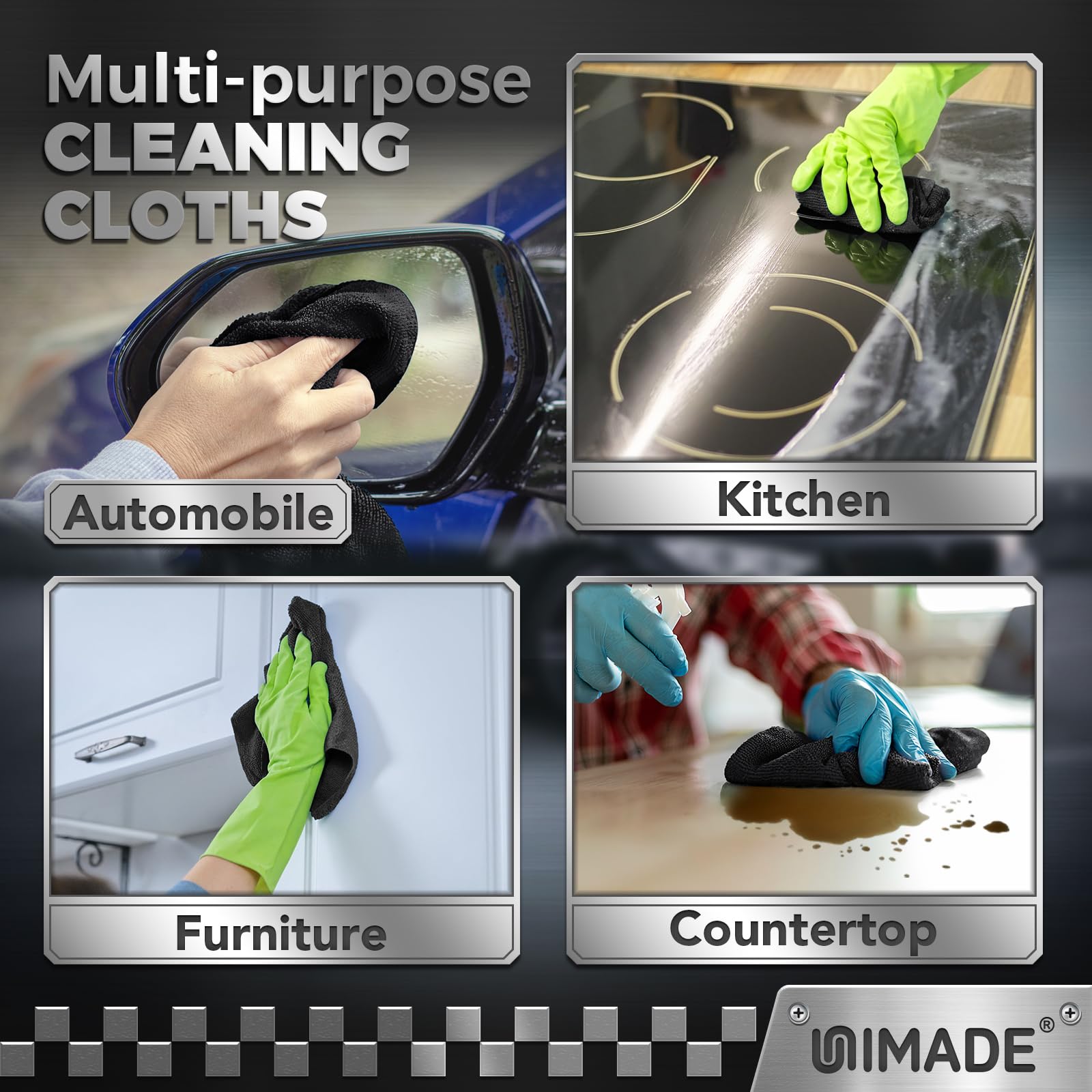 UNIMADE Lot de 100 chiffons de nettoyage en microfibre de qualité commerciale pour voiture, bar, mécanicien, restaurant, garage, ménage, 29,2 x 29,2 cm, noir