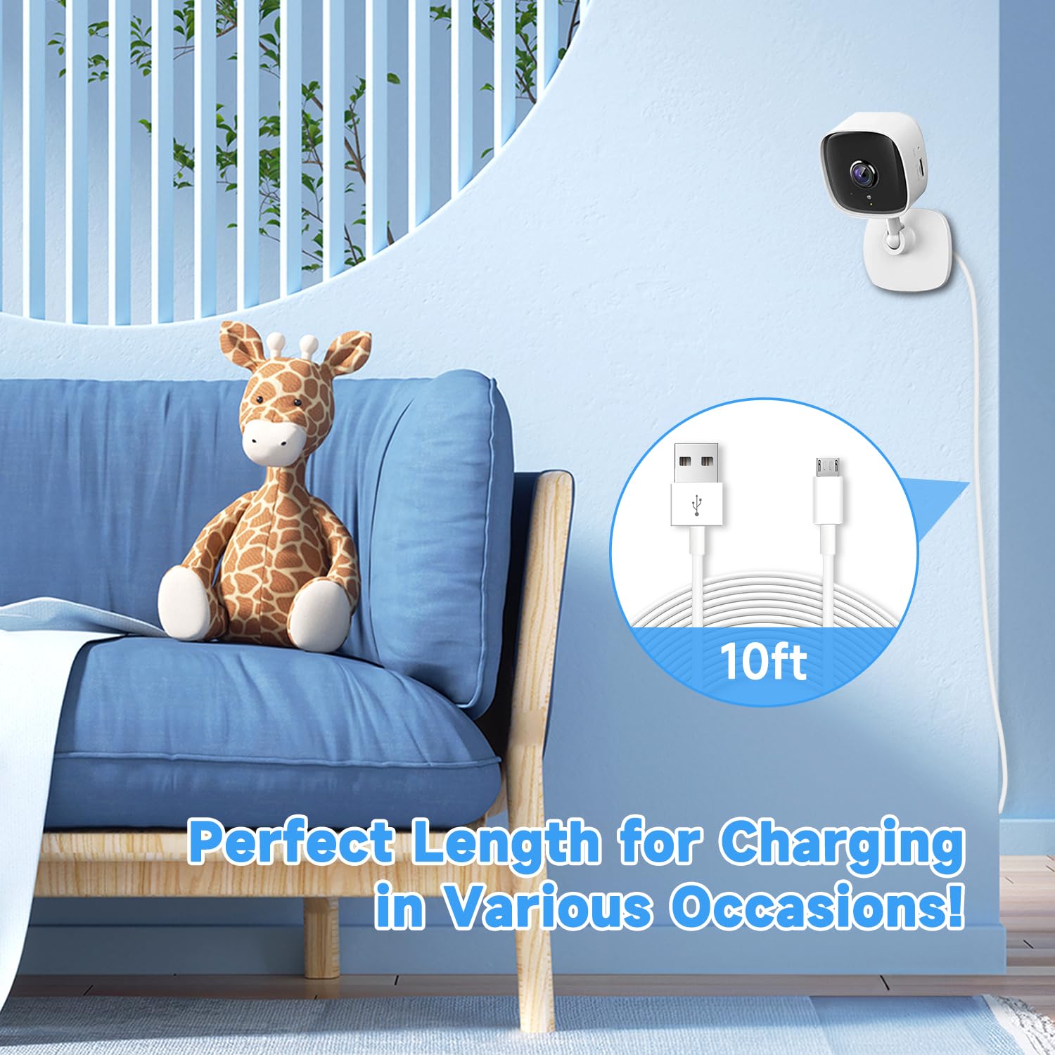 2 Pack 10ft 3M Micro USB Cable, Charging and Data Transfer, Micro USB Power Cord for Wyze Cam YI Camera Nest Cam Blink Netvue Kasa Cam Cloud Camera Furbo Dog Arlo Q and More Micro USB Devices-White
