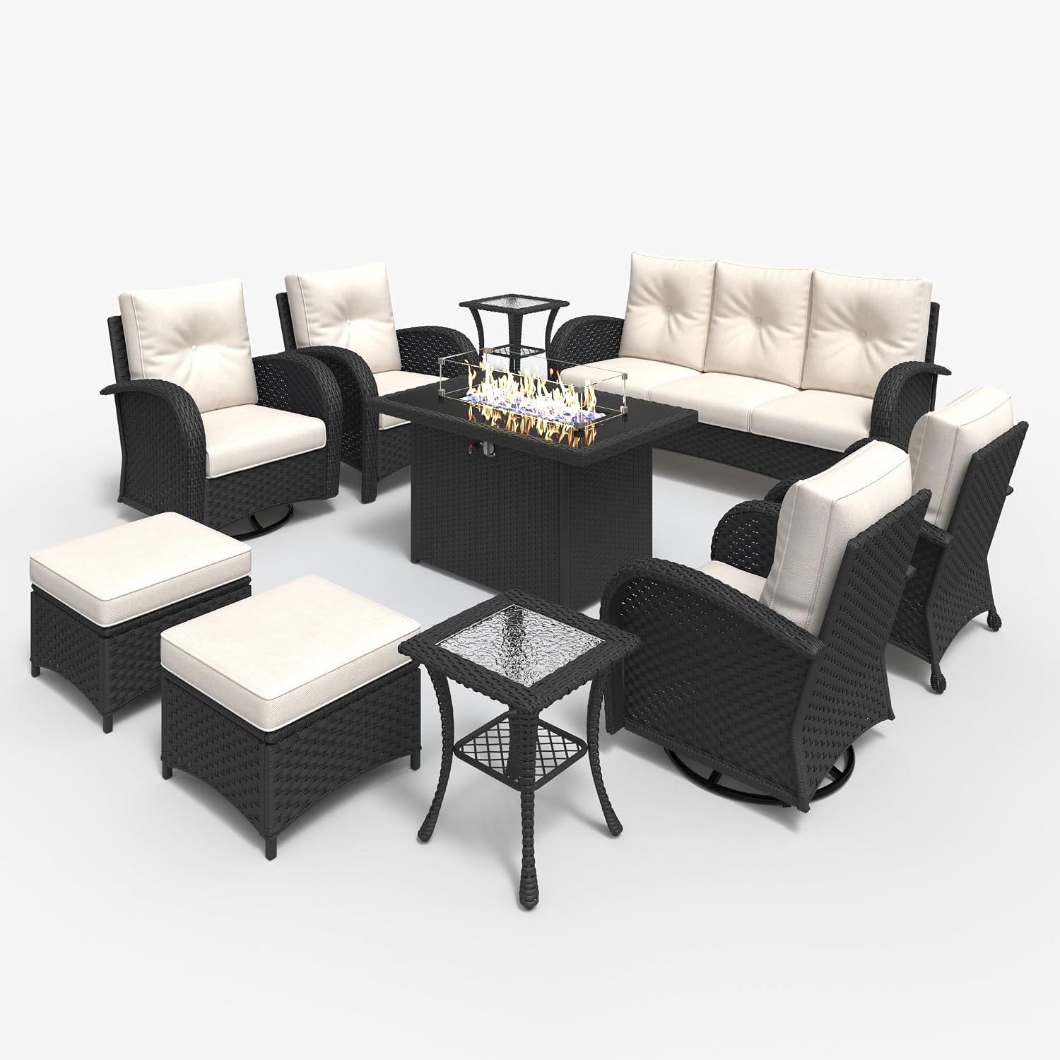 LayinSun 10 Pieces Outdoor Patio Furniture Set with Fire Pit Table, Rattan Wicker Sectional Swivel Rocker Chairs Sets