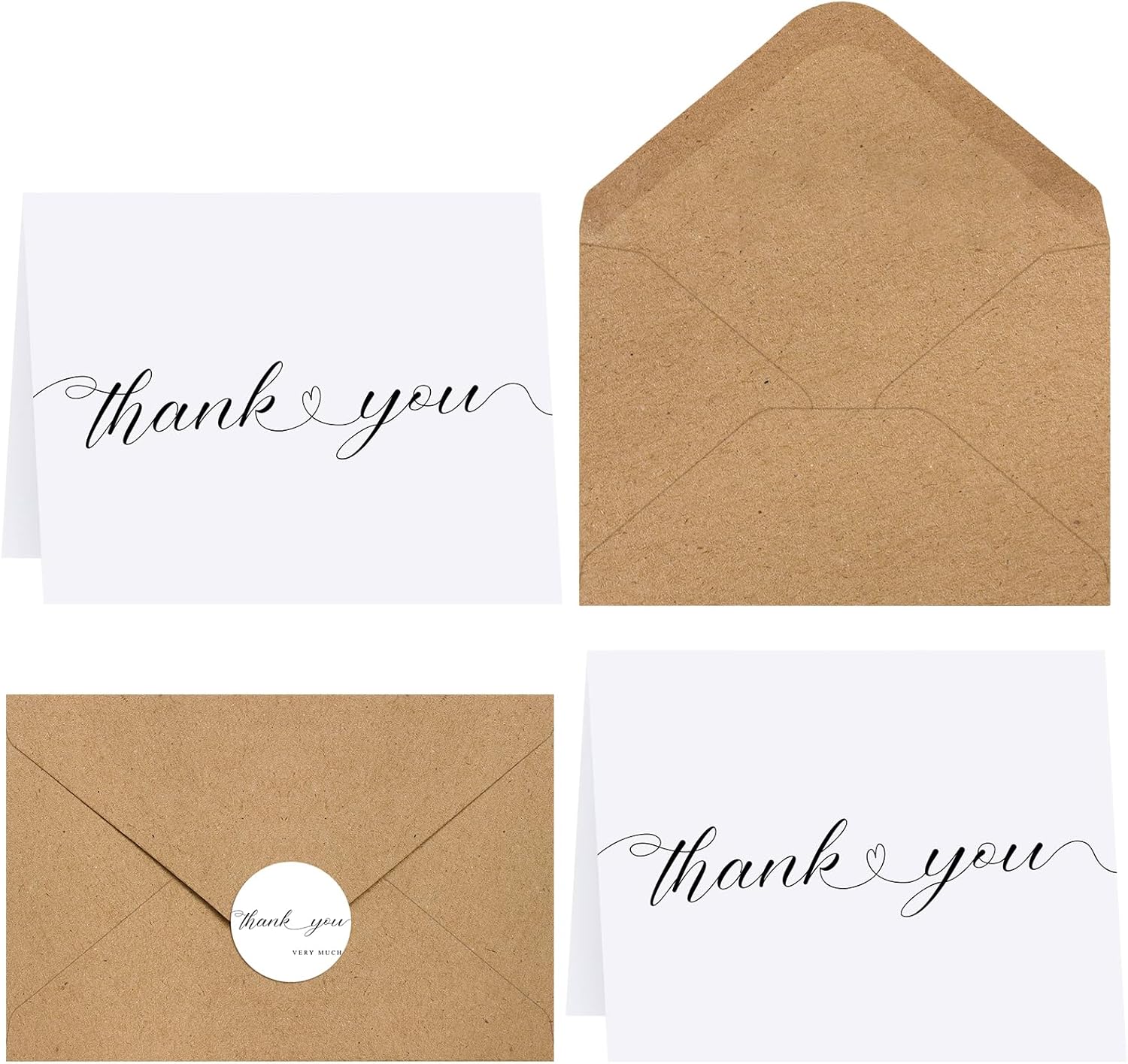 ACSTEP 1500PACK Small Thank You Cards with Brown Kraft Envelopes For Business, Weddings, Bridal Shower, Baby Shower, Graduation, Funeral 4X6 inch With Sticker