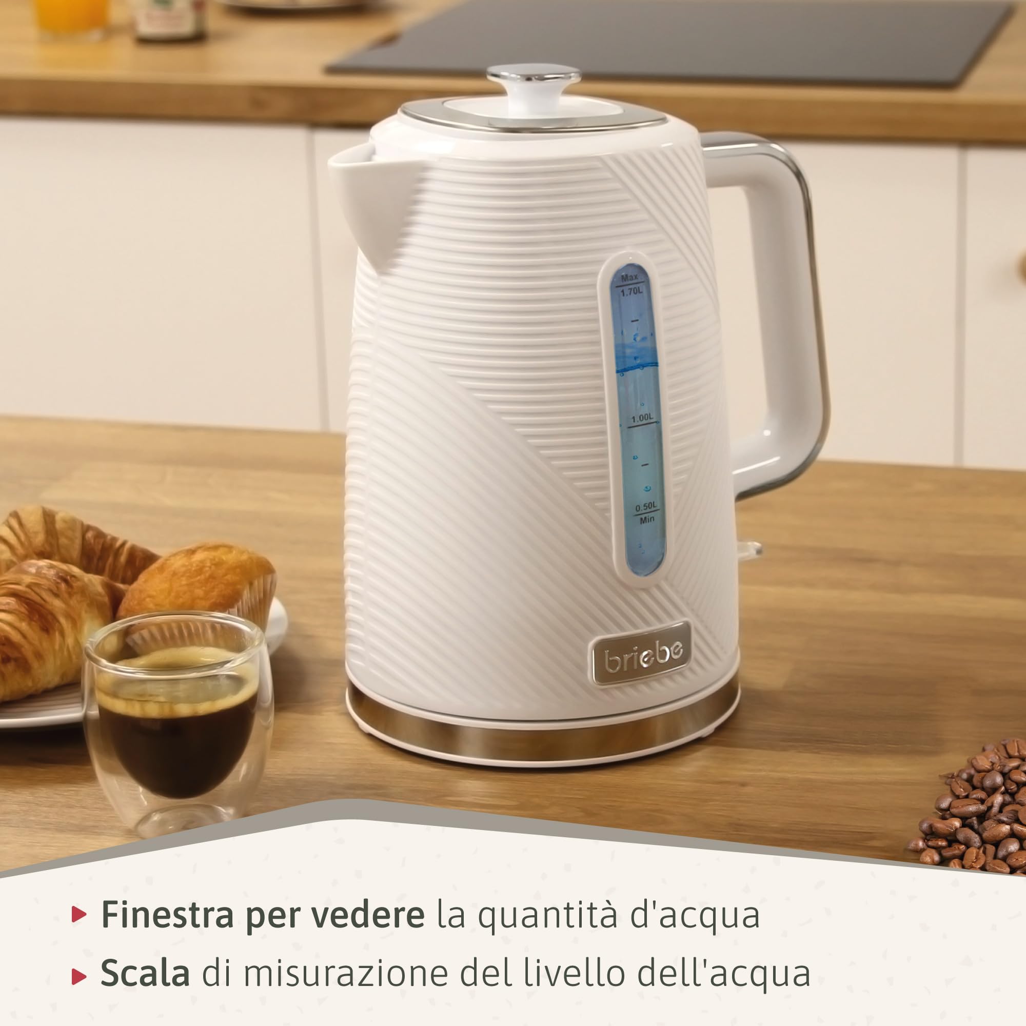 briebe Elegance Tostapane a Fessura Larga a 2 Fette, 7 Livelli di Tostatura, Pinze + Bollitore Elettrico 1,7L Cordless, Ebollizione Rapida 2200 W, senza BPA, Set Colazione, Design Moderno Bianco