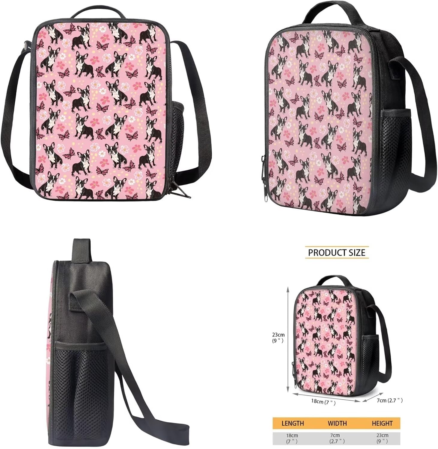 3PCS Boston Terrier Backpack for Girls Boys with Lunch Box Pencil Case, Large Double Layer Kids School Bookbag with Insulated Lunch Bag Cute Pencil Case for Elementary School, Pink