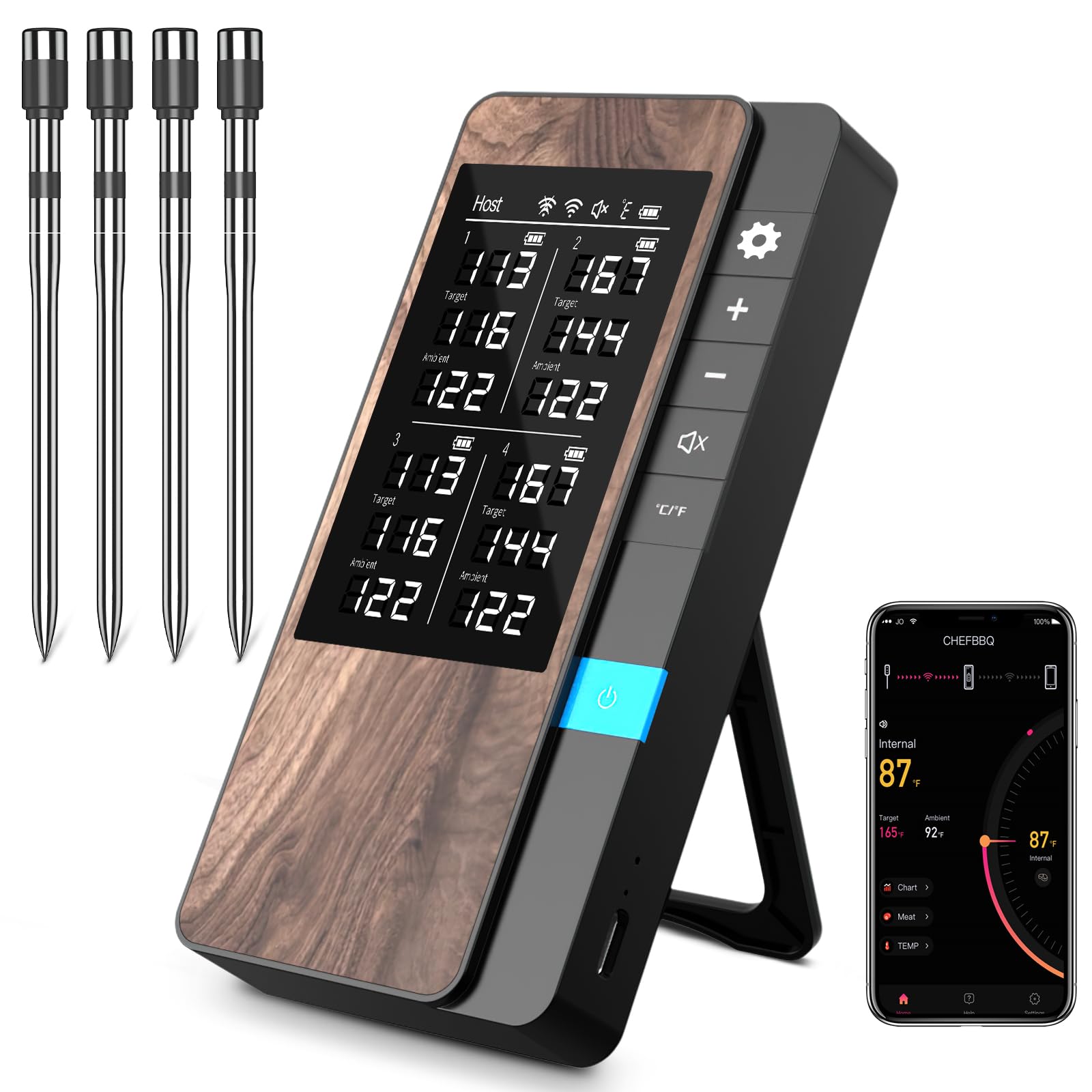 Termometro Cocina Paquete de 4, Pakinui Termometro Digital Cocina Inalámbrico con Aplicación, IP67 a Prueba de Agua Meat Thermometer, Termometro Carne para BBQ, Horno, Grill, Cocina, Asador