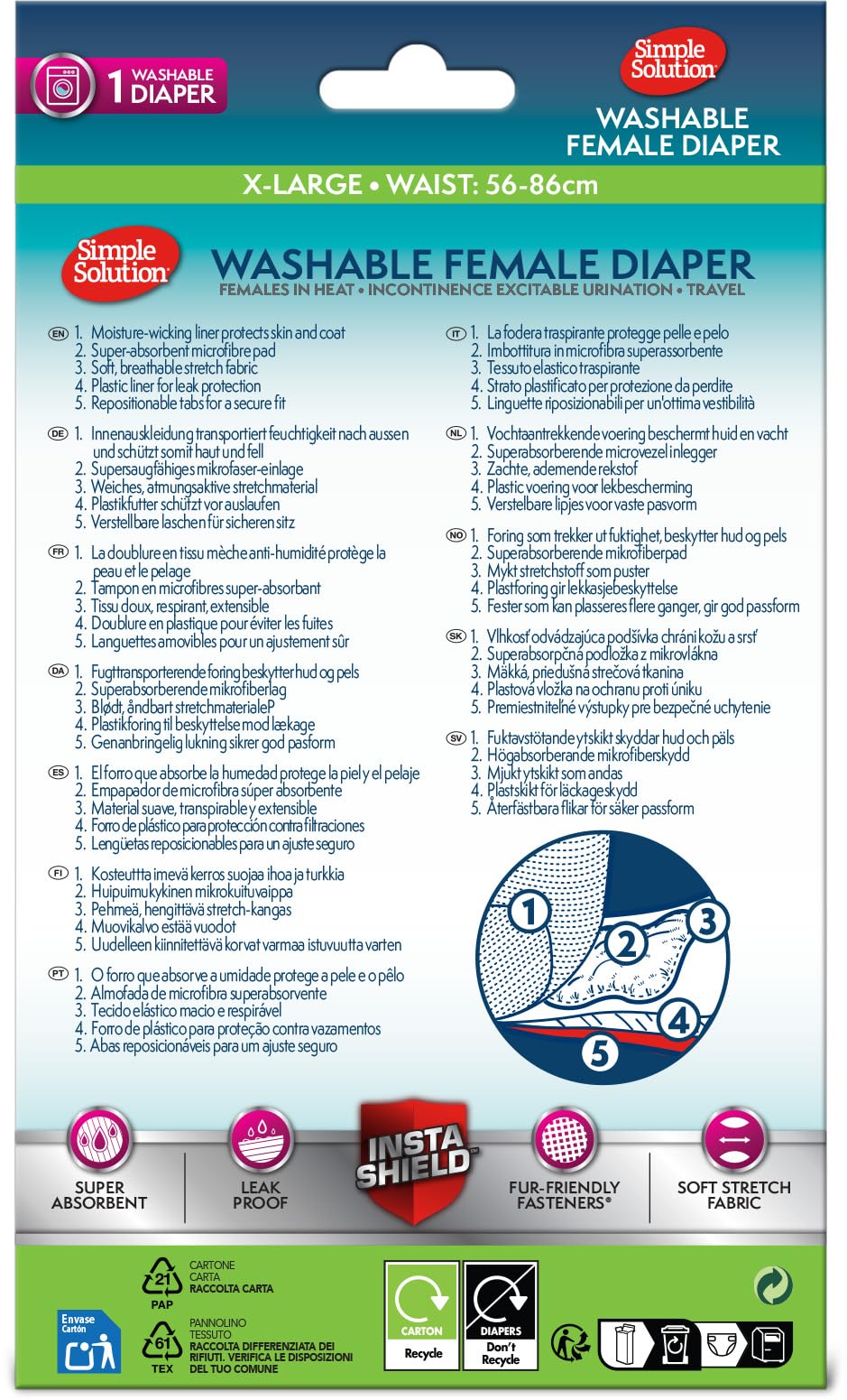 Simple Solution Zmywalne pieluchy dla psów wielokrotnego użytku, Absorbent z szczelnym dopasowaniem - 1 pieluszka dla psa XL