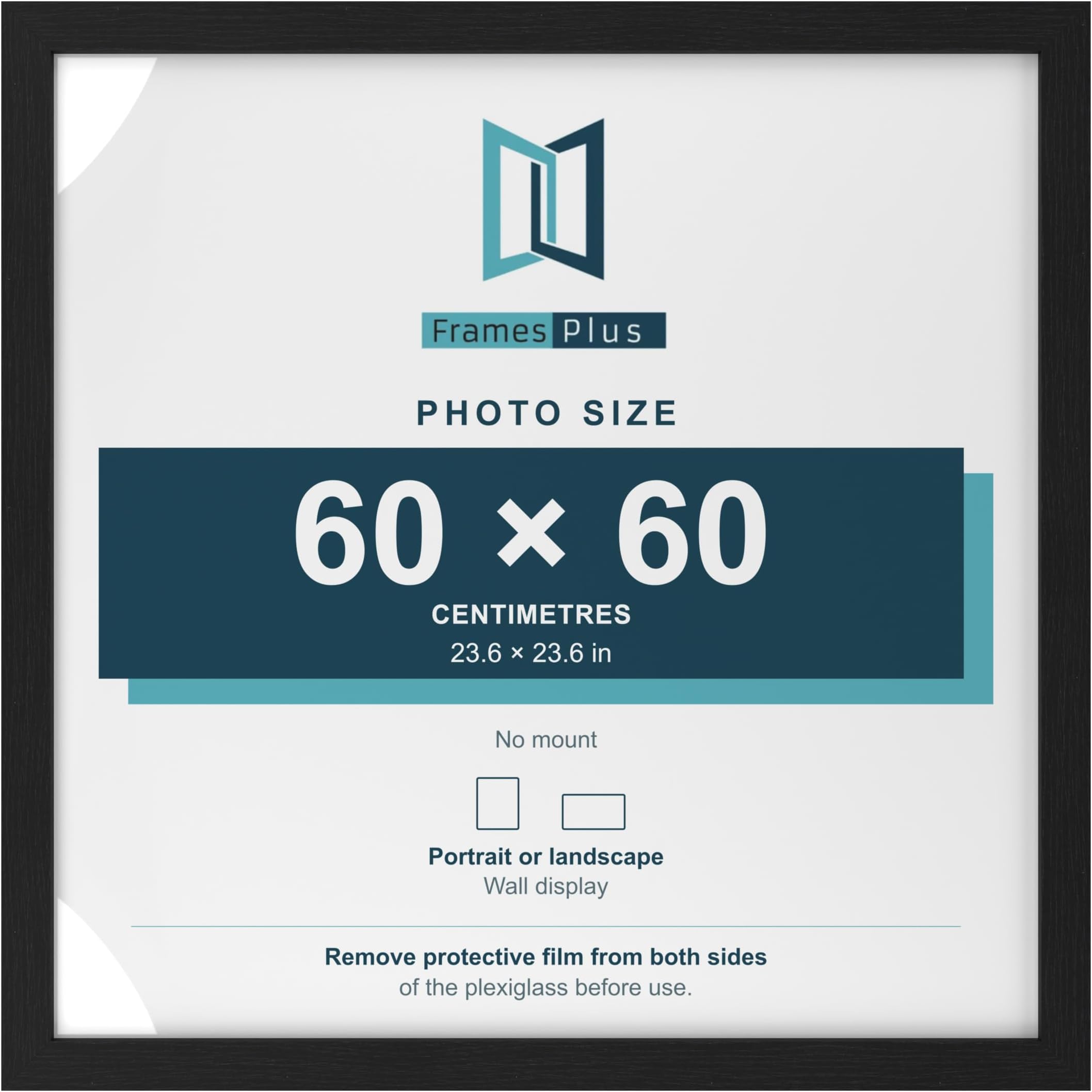 FramesPlus 60x60cm Square Picture Frame, Black, Modern Photo Frame for Wall