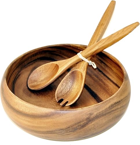 Ensaladera redonda de calabash de madera de acacia sostenible, ecológica, 10 x 3 pulgadas, con juego de tenedor y cuchara para ensalada