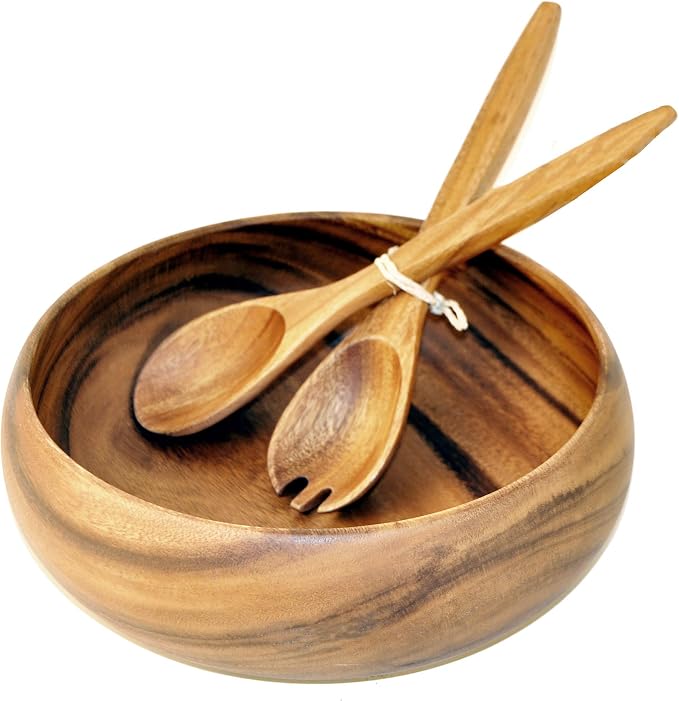 Acacia Wood Sustainable Eco-friendly Round Calabash Salad Bowl, 10" x 3", with Salad Server Fork and Spoon Set