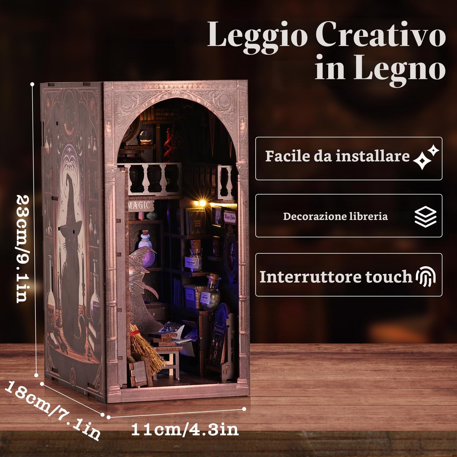 Kit angolo libro 3D Magic Cat Wizard, kit fai da te in miniatura per casa delle bambole per adulti e adolescenti, puzzle con inserto fermalibri in legno 3D, modello mini casa magica